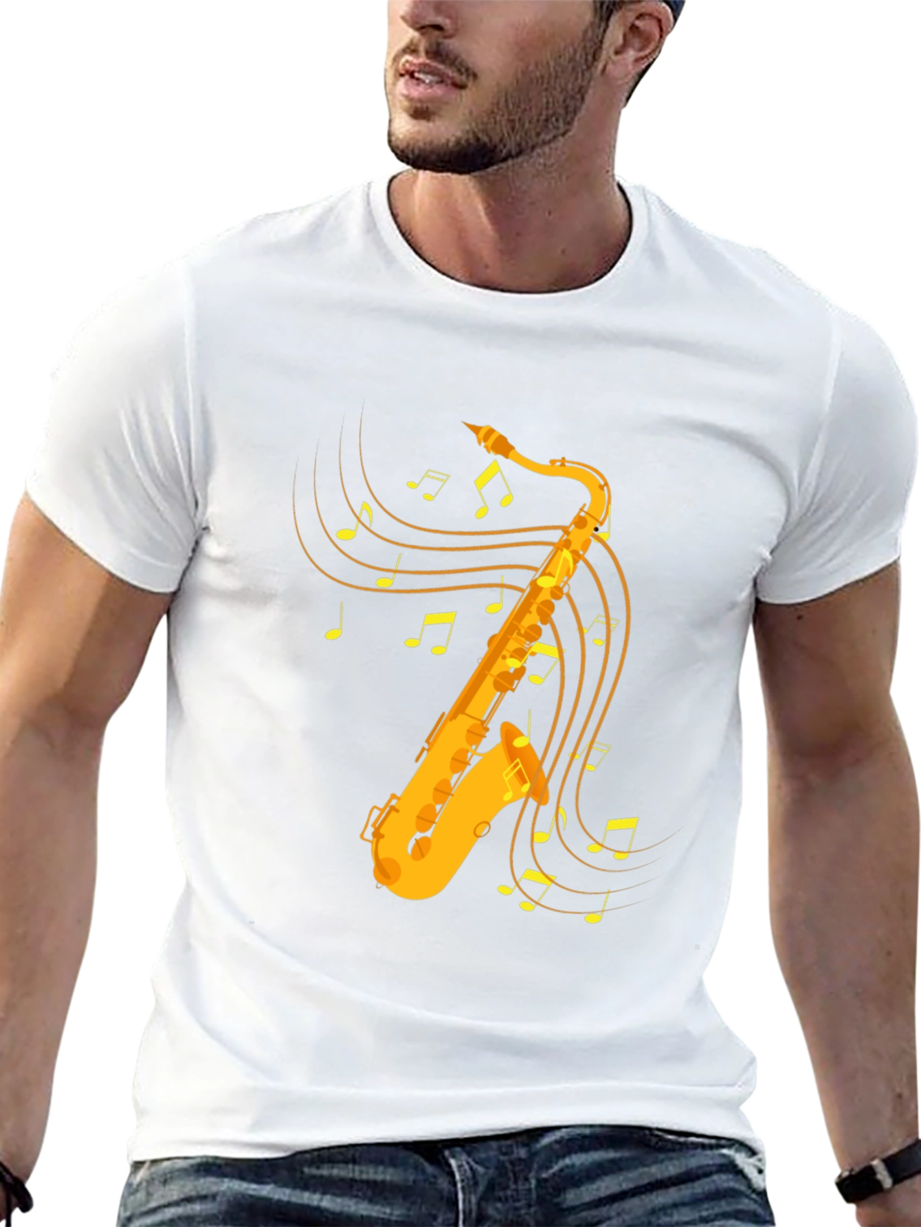 Saxophone & Music Note Graphic Tee - Black