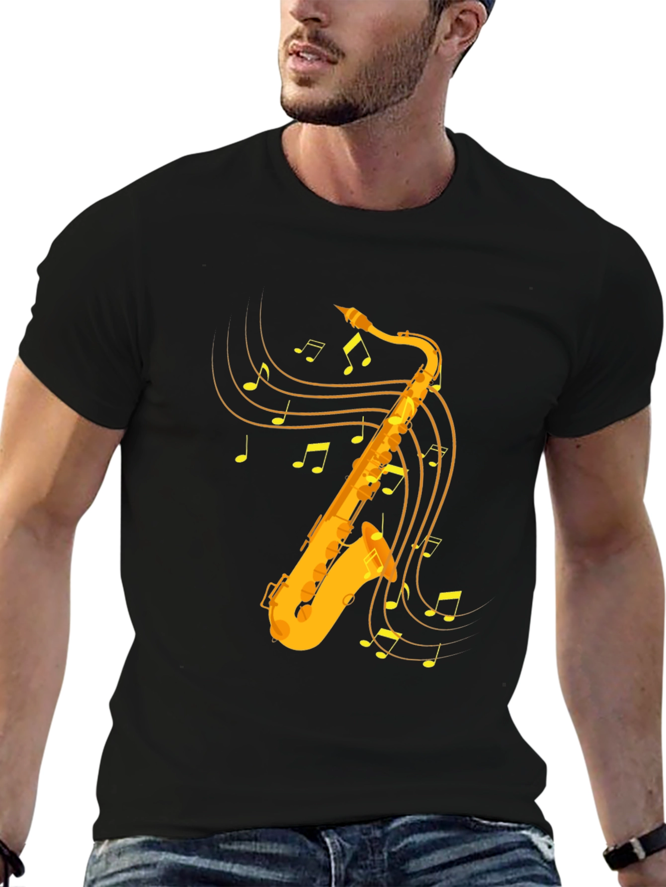 Saxophone & Music Note Graphic Tee - Black