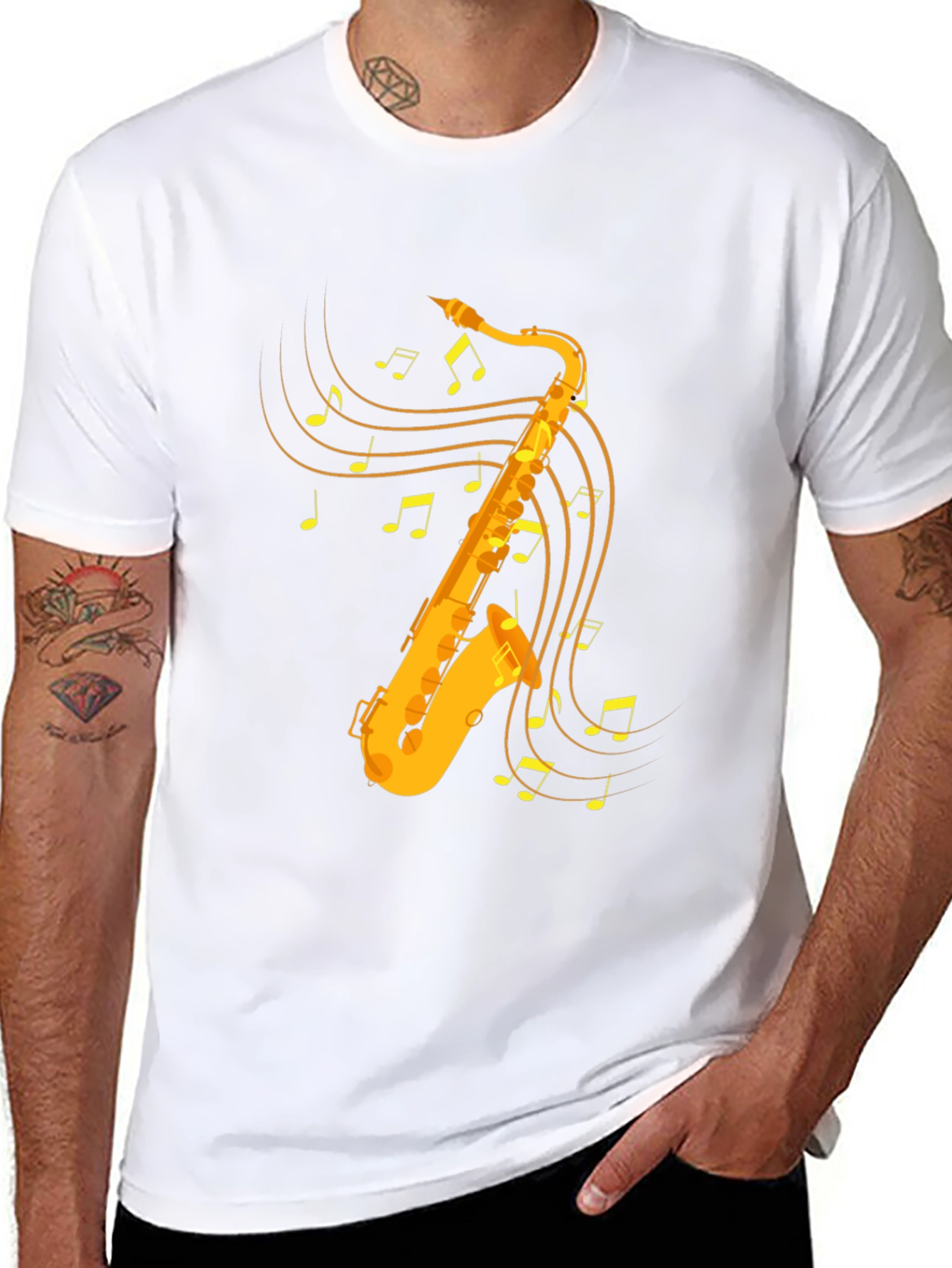 Saxophone & Music Note Graphic Tee - Black