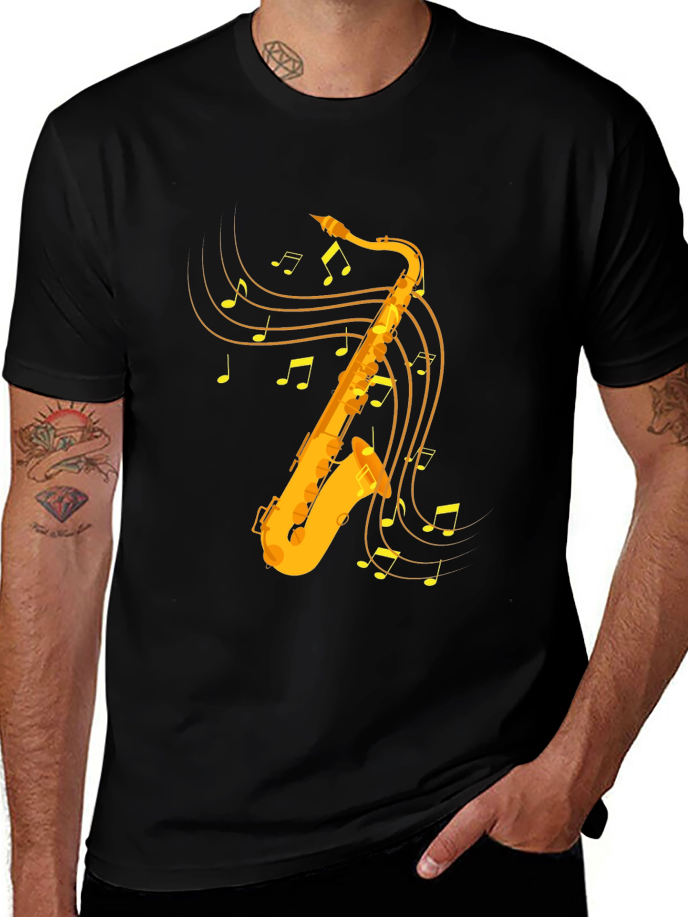 Saxophone & Music Note Graphic Tee - Black
