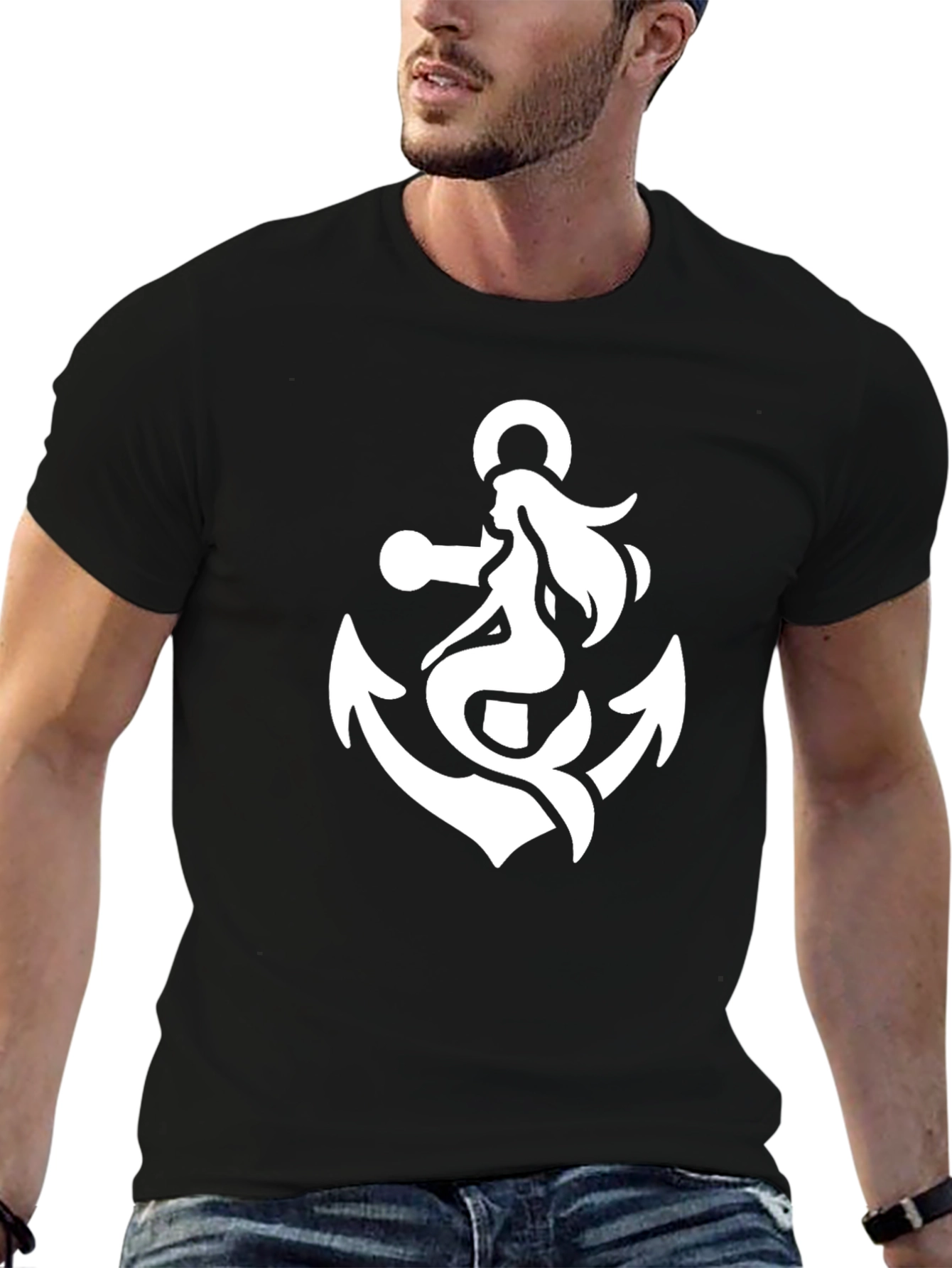 Anchor Mermaid Graphic T-Shirt - Black