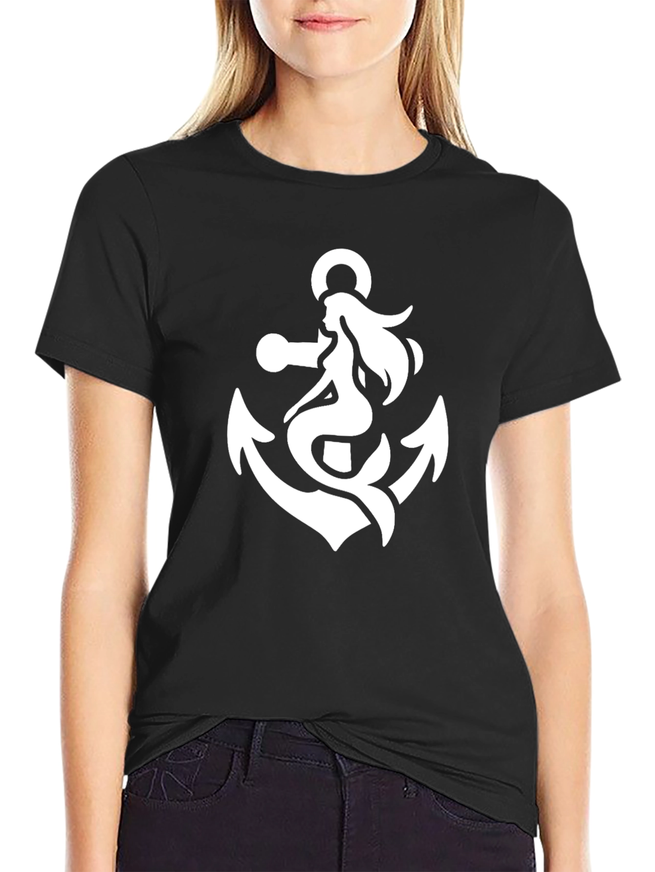 Anchor Mermaid Graphic T-Shirt - Black