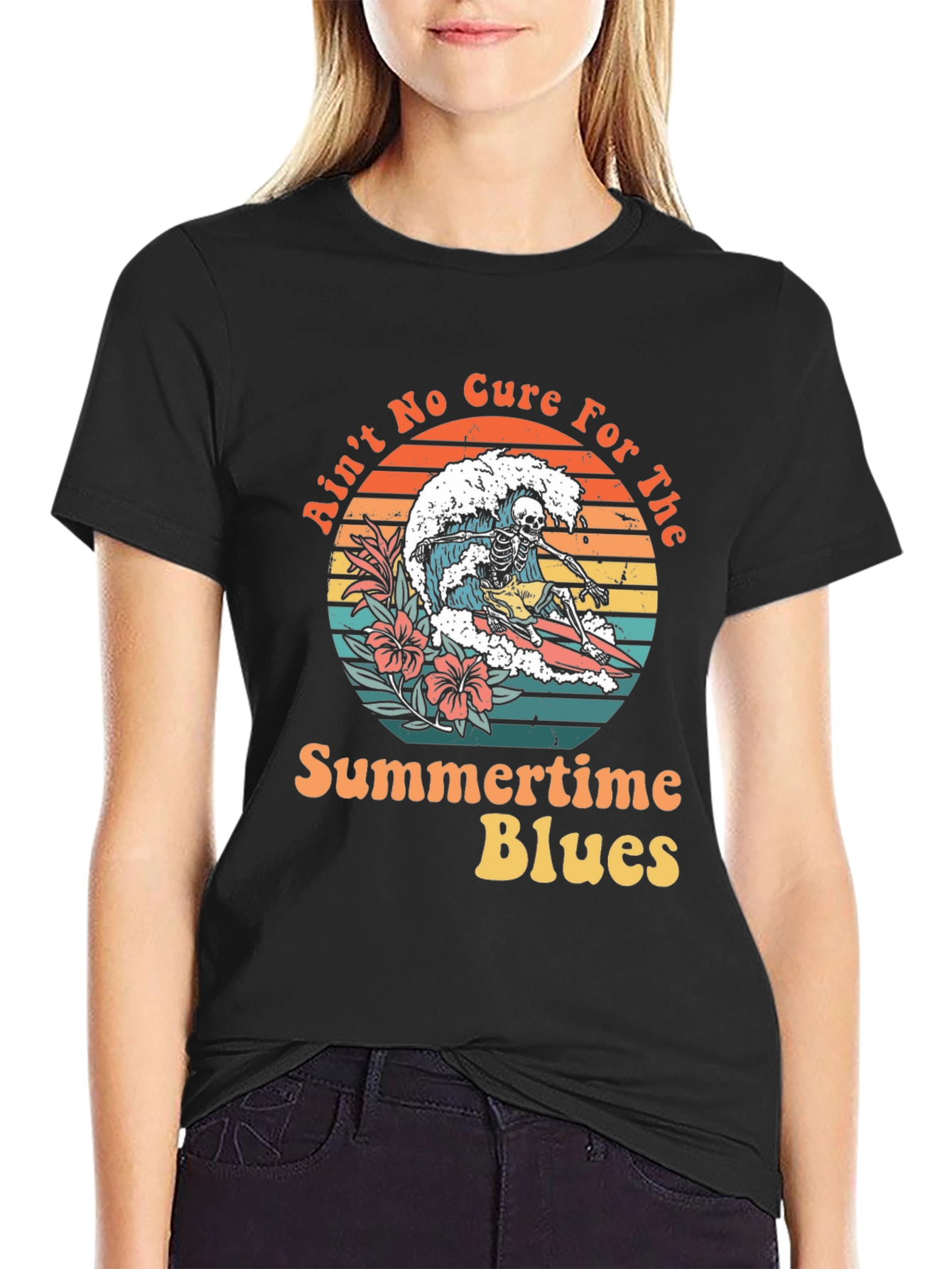 Summertime Blues Skeleton Surfer Graphic Tee