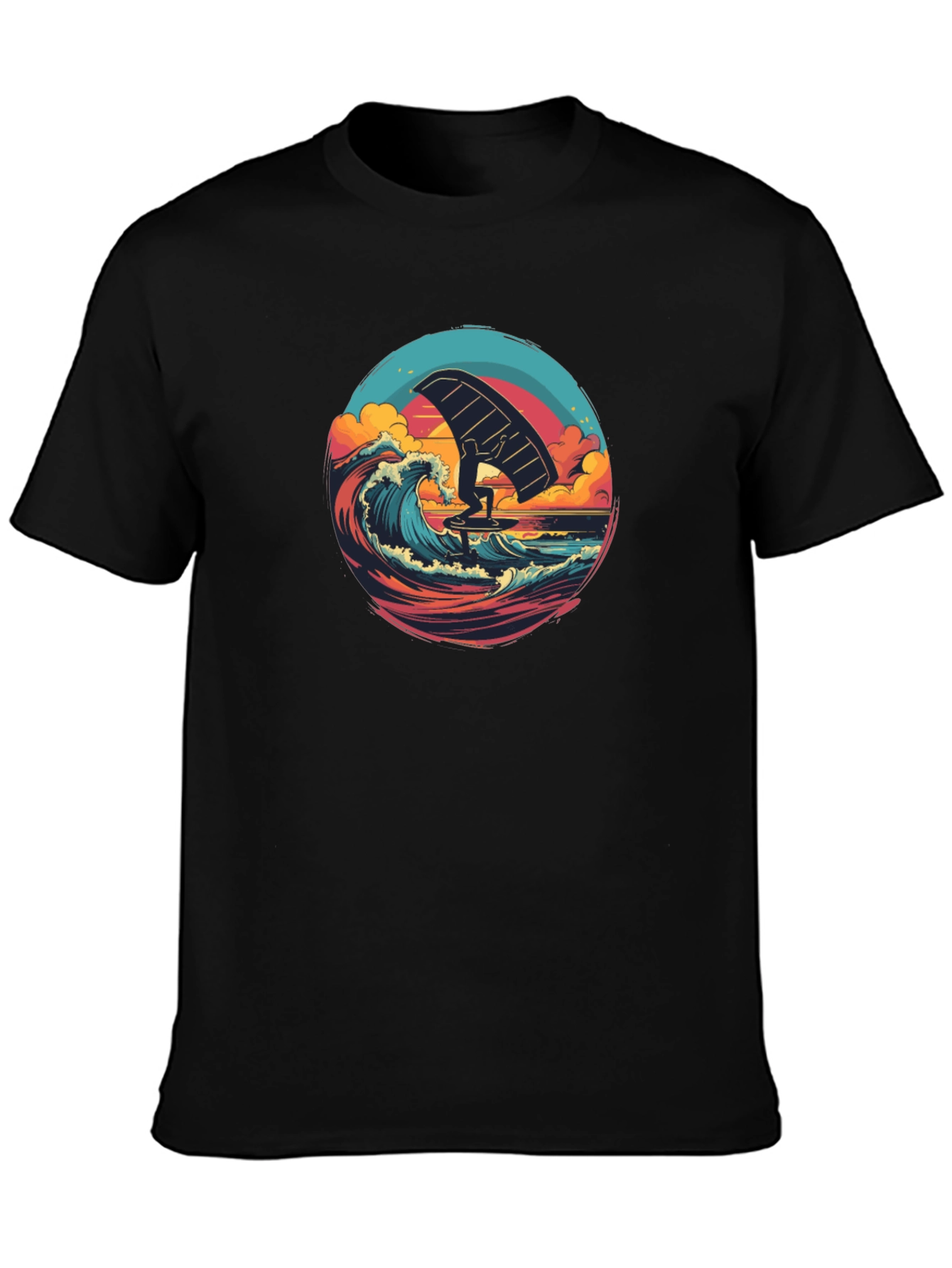 Wing Foiling Black T-Shirt - Ocean Wave Design