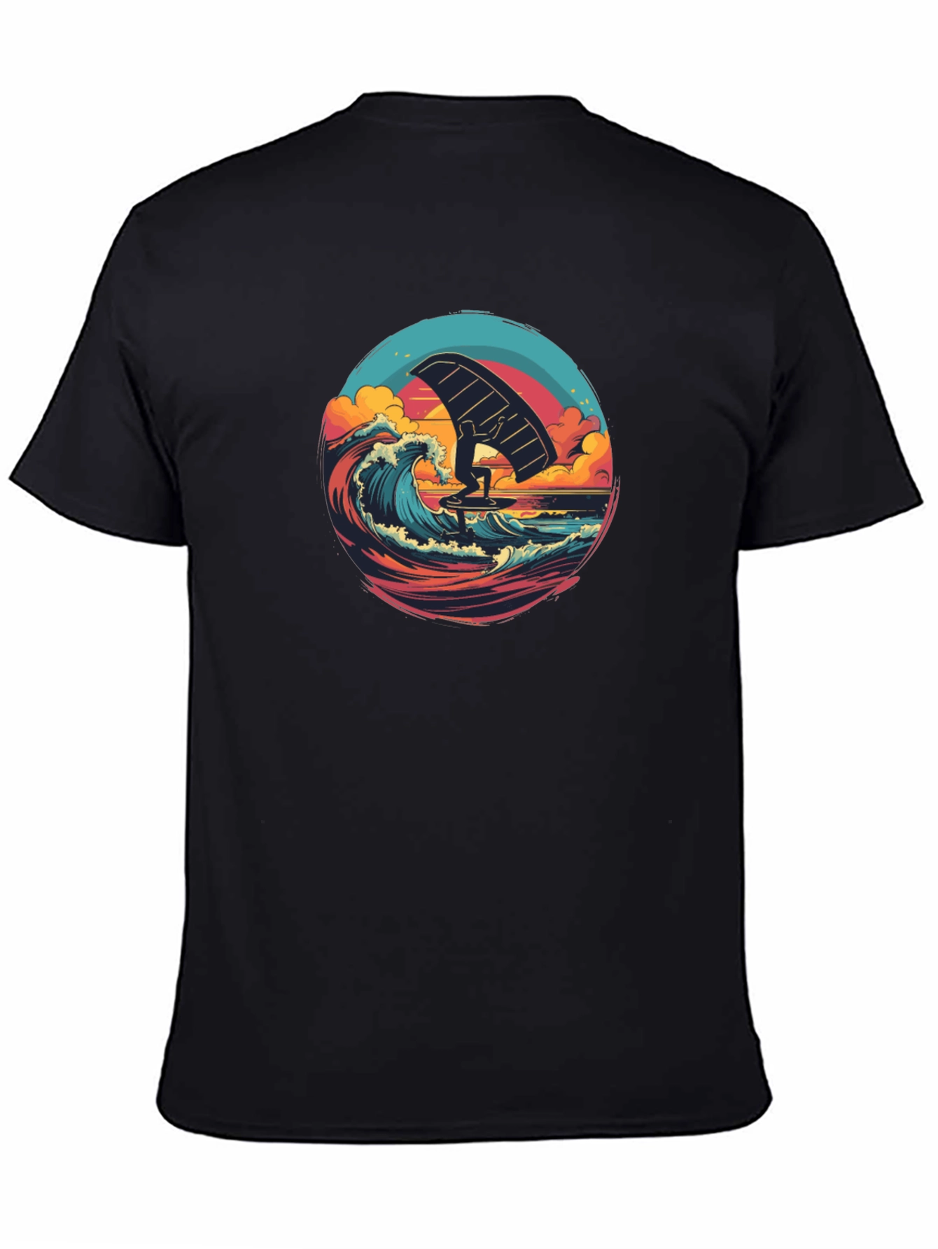 Wing Foiling Black T-Shirt - Ocean Wave Design