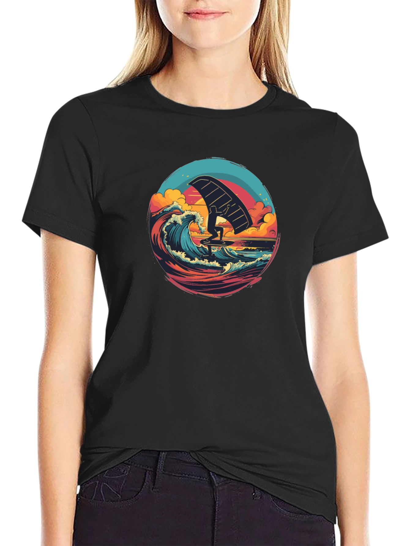 Wing Foiling Black T-Shirt - Ocean Wave Design