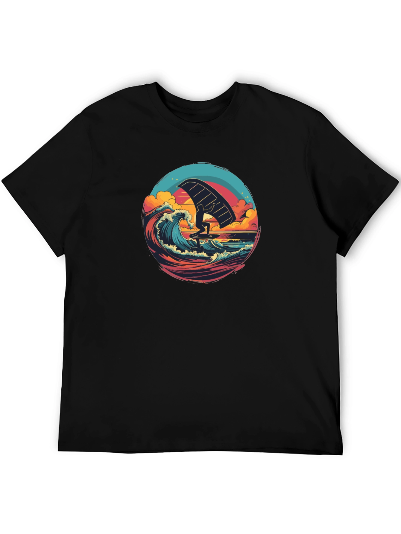 Wing Foiling Black T-Shirt - Ocean Wave Design