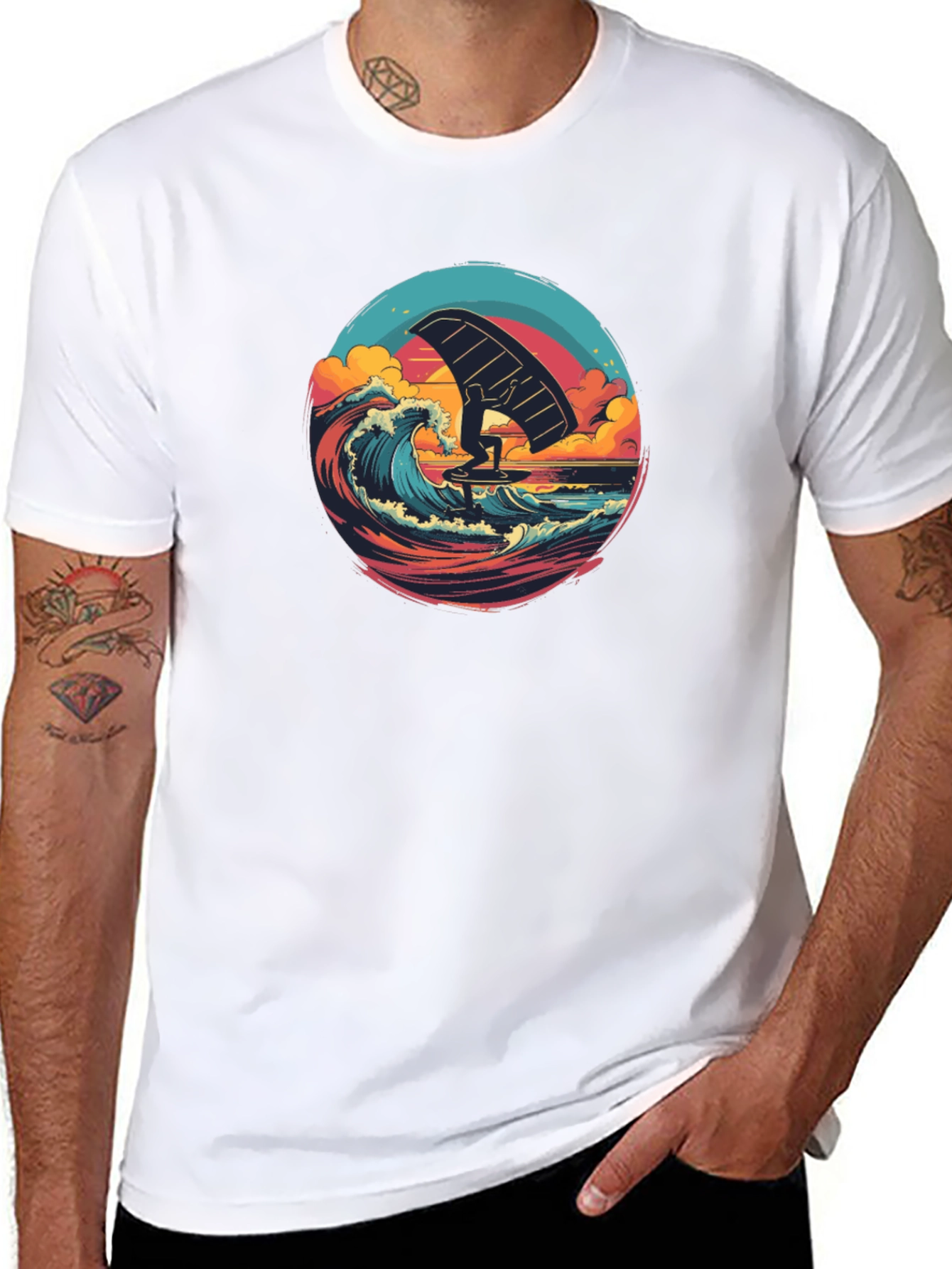 Wing Foiling Black T-Shirt - Ocean Wave Design
