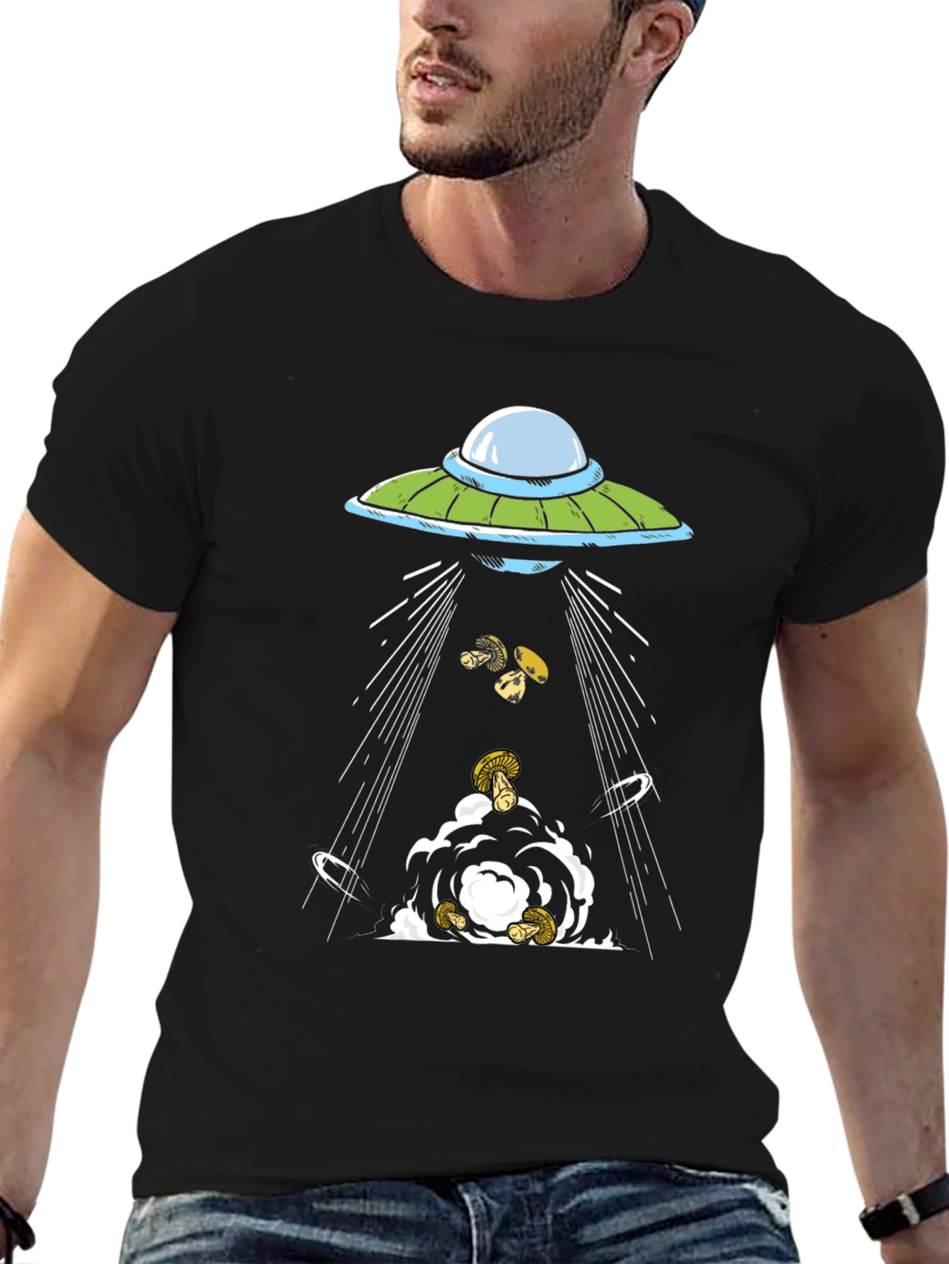 UFO Abduction Mushroom Graphic T-Shirt