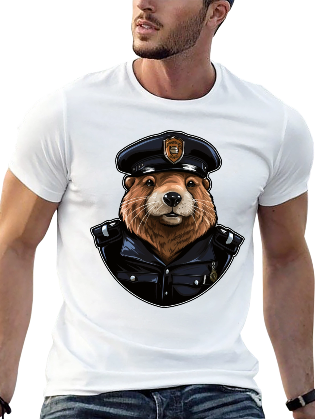 Beaver Cop Graphic Tee - Cool Animal Police T-Shirt