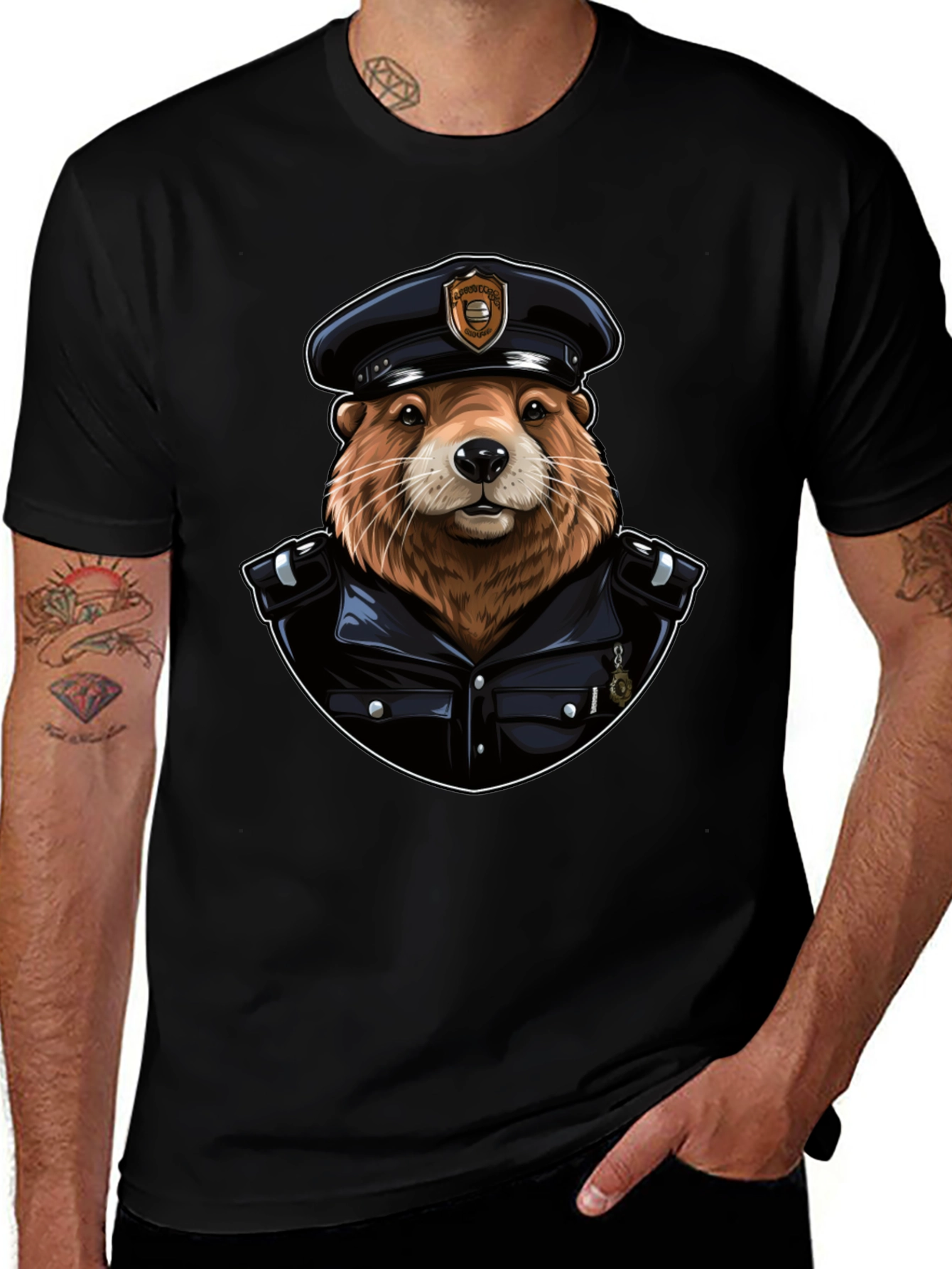 Beaver Cop Graphic Tee - Cool Animal Police T-Shirt