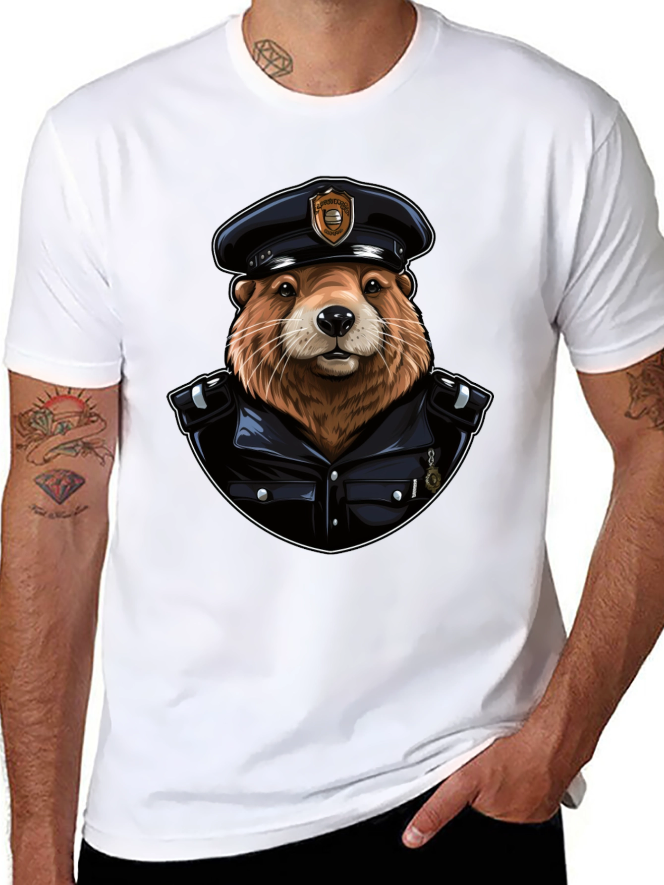 Beaver Cop Graphic Tee - Cool Animal Police T-Shirt