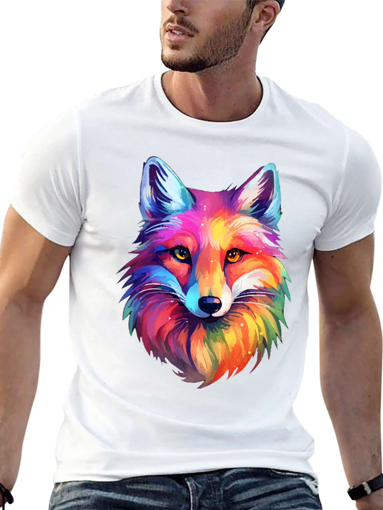 Vibrant Rainbow Fox Graphic Tee - Unisex Black T-Shirt
