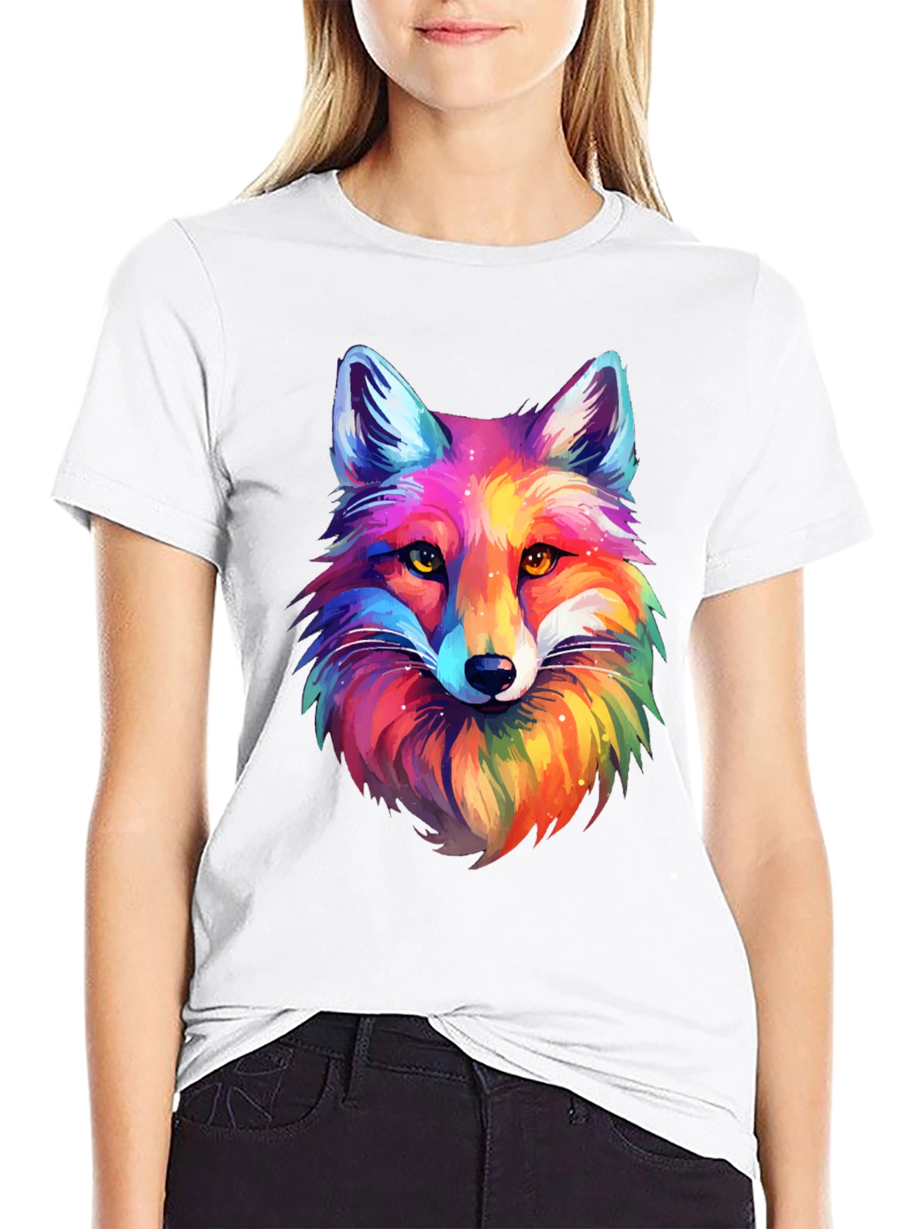 Vibrant Rainbow Fox Graphic Tee - Unisex Black T-Shirt