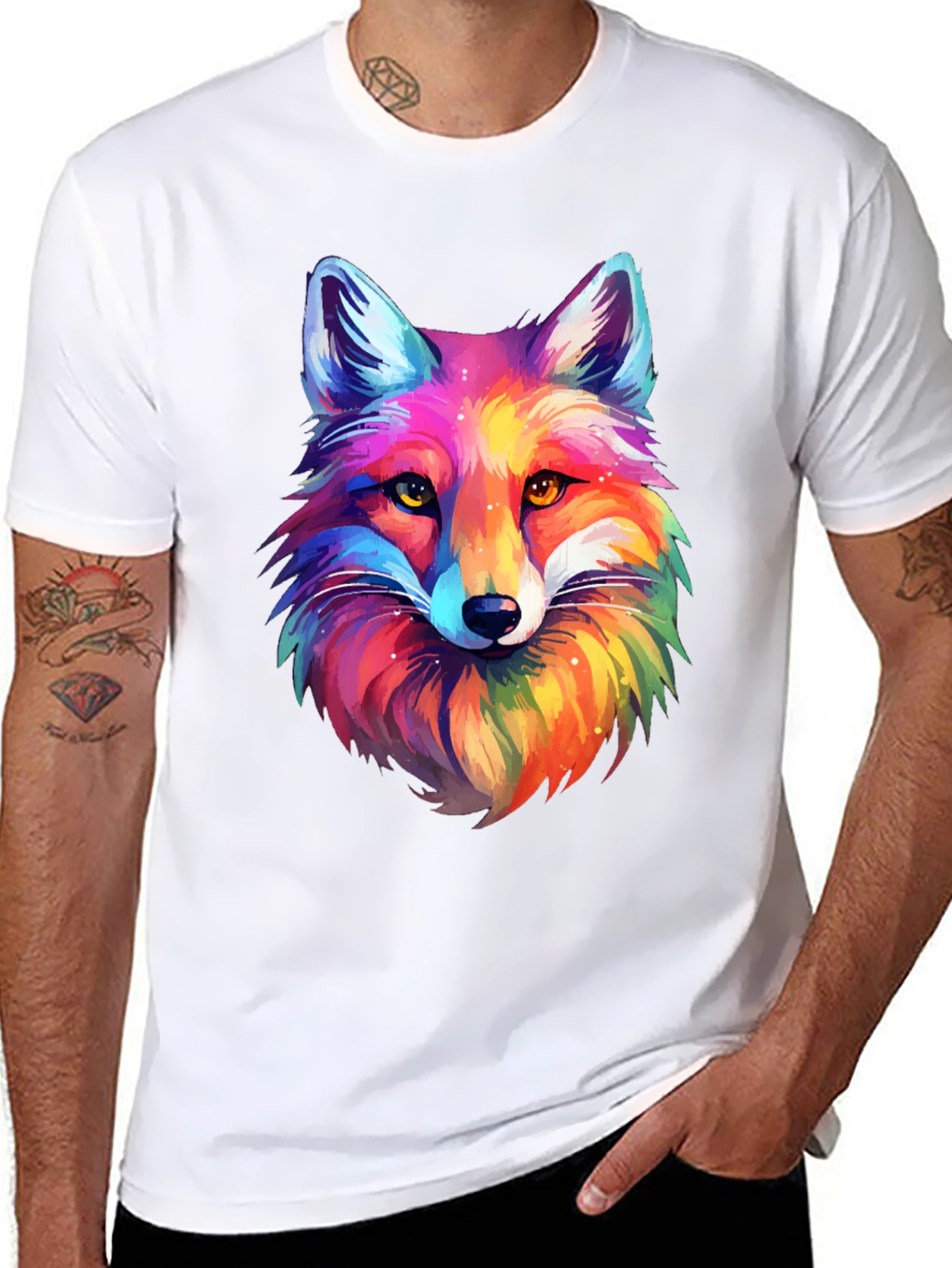 Vibrant Rainbow Fox Graphic Tee - Unisex Black T-Shirt
