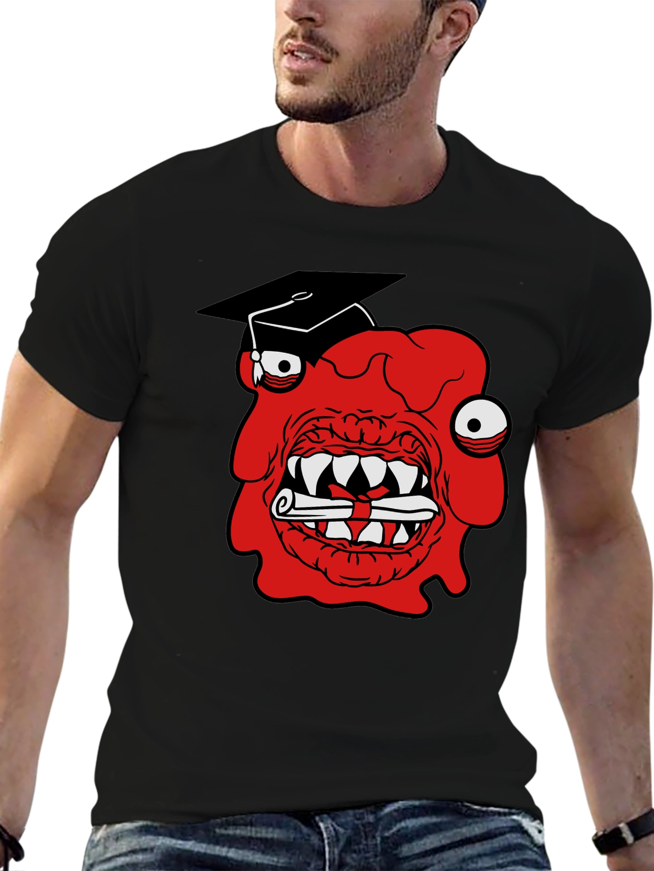 Graduating Monster Graphic T-Shirt - Mens Black Tee