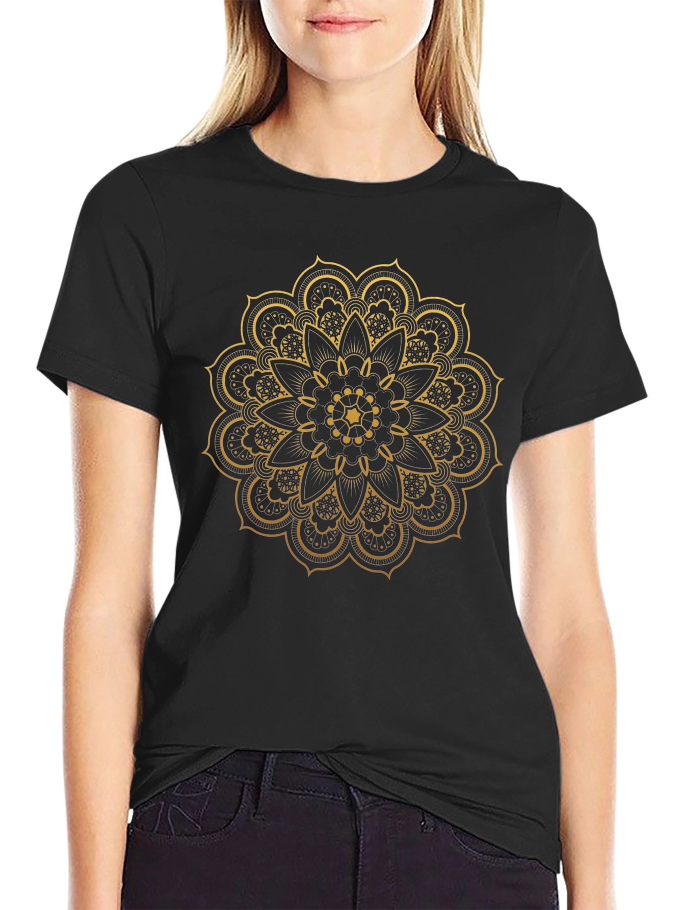 Black T-Shirt with Gold Mandala Design