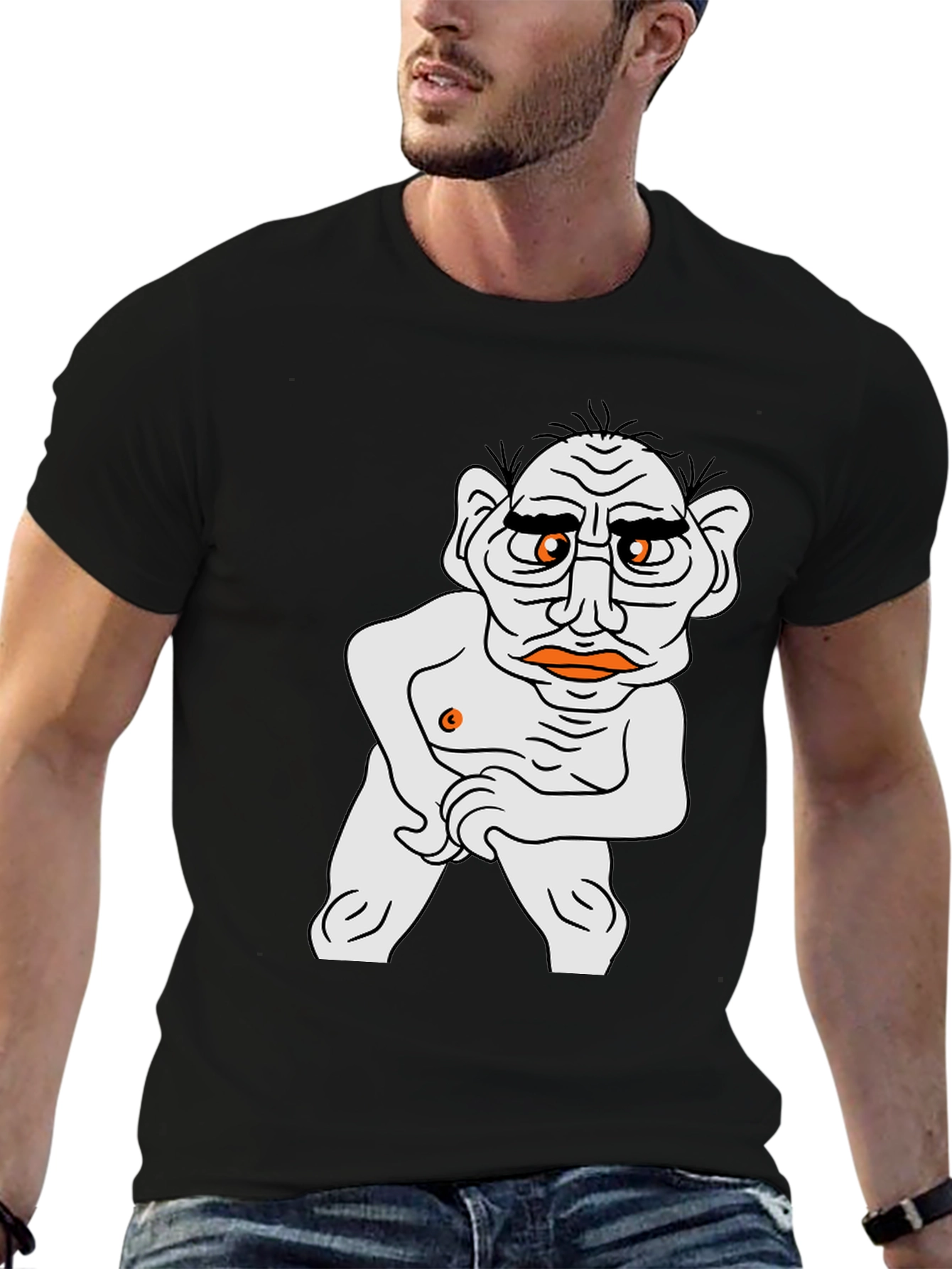 Mens Black T-Shirt with Funny Old Man Cartoon