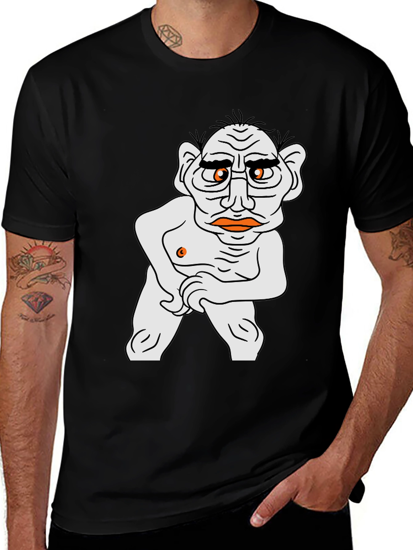 Mens Black T-Shirt with Funny Old Man Cartoon