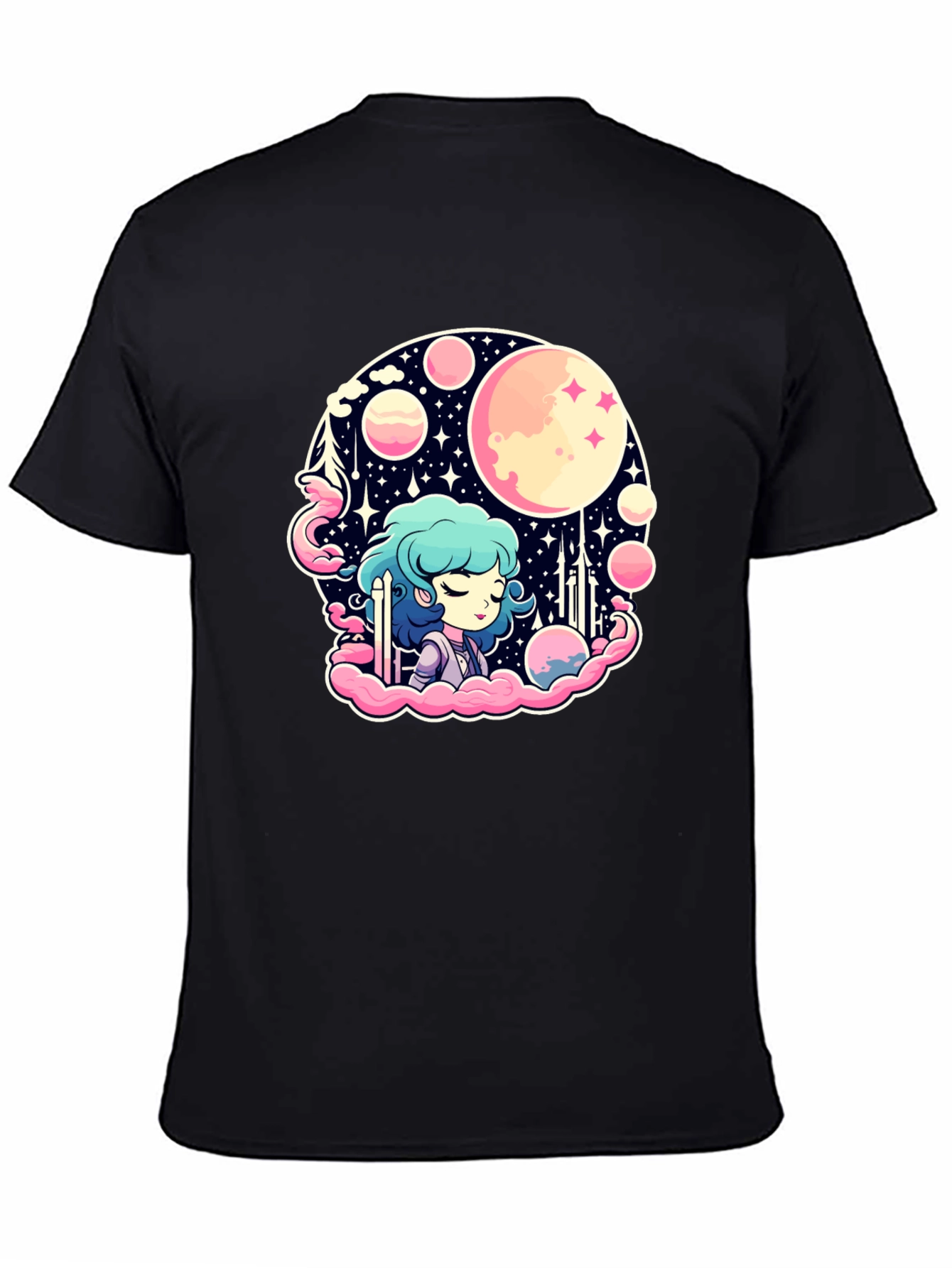 Anime Girl Space Theme Black T-Shirt