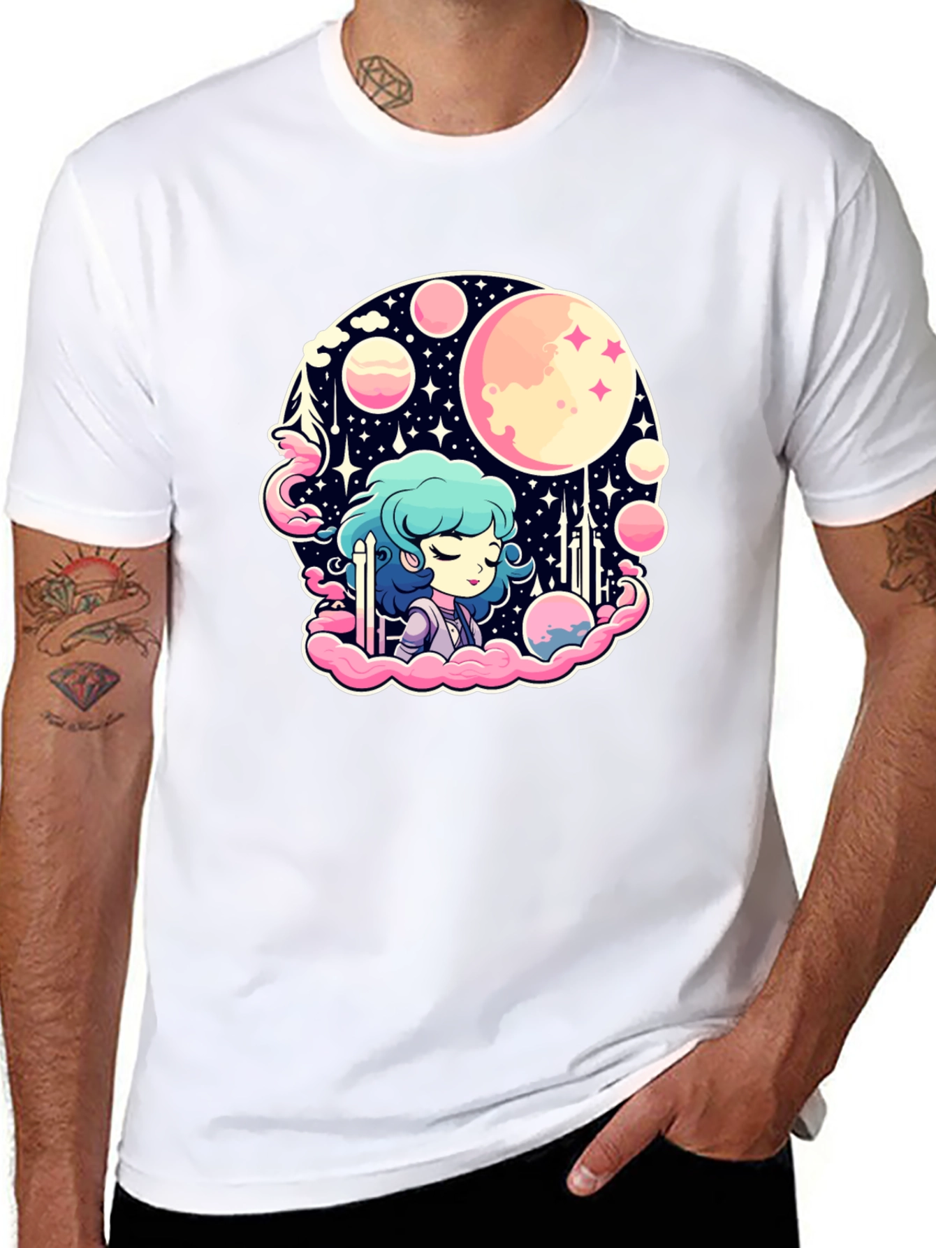 Anime Girl Space Theme Black T-Shirt