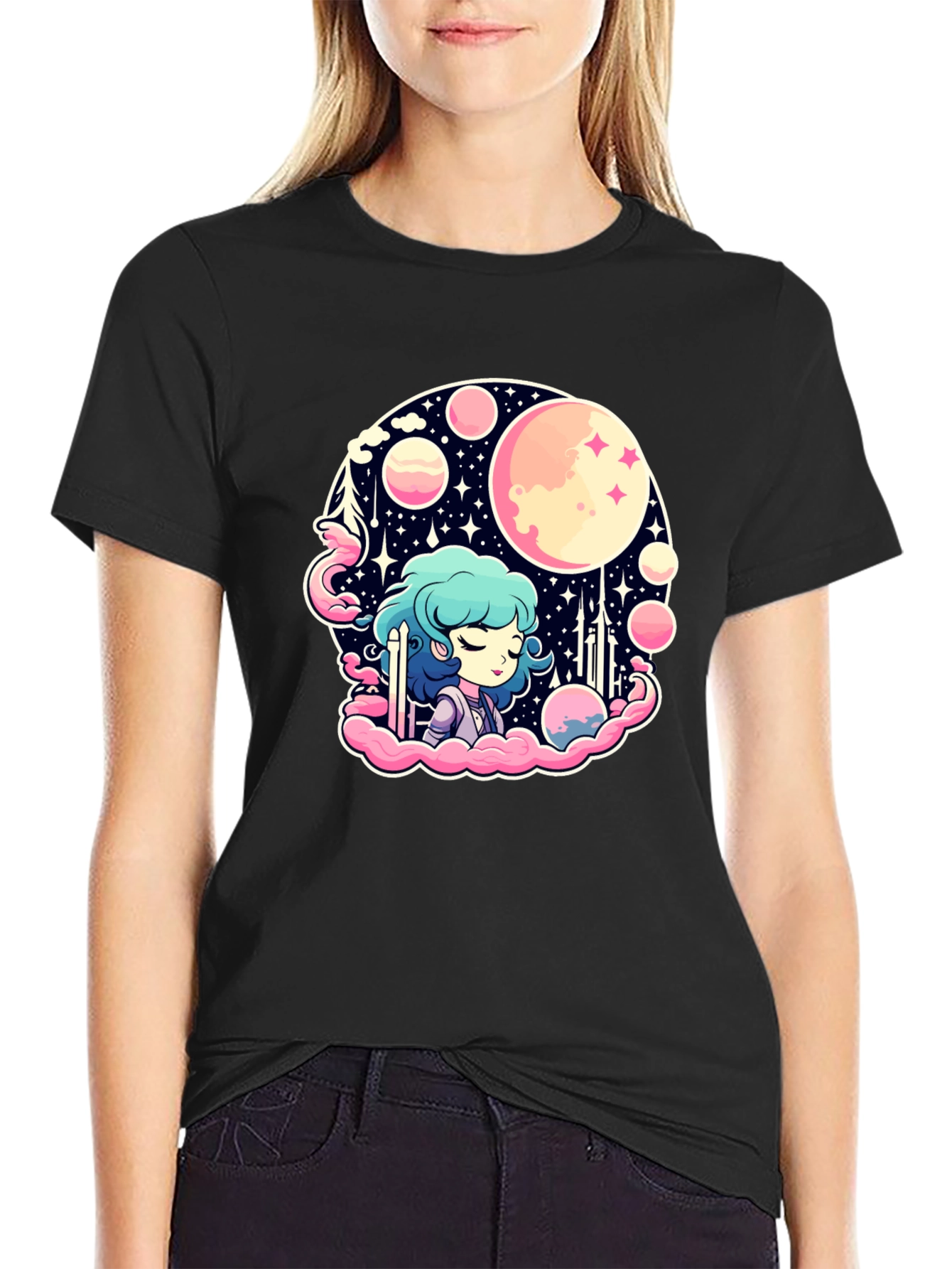 Anime Girl Space Theme Black T-Shirt