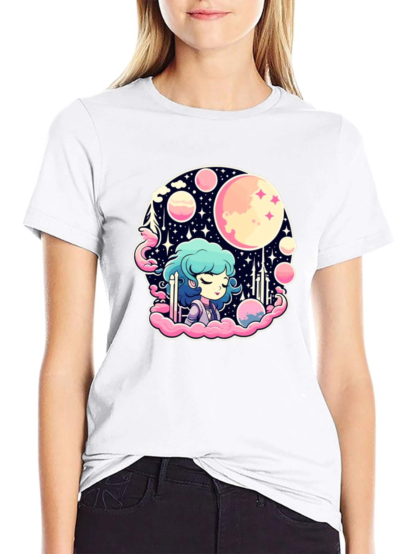 Anime Girl Space Theme Black T-Shirt