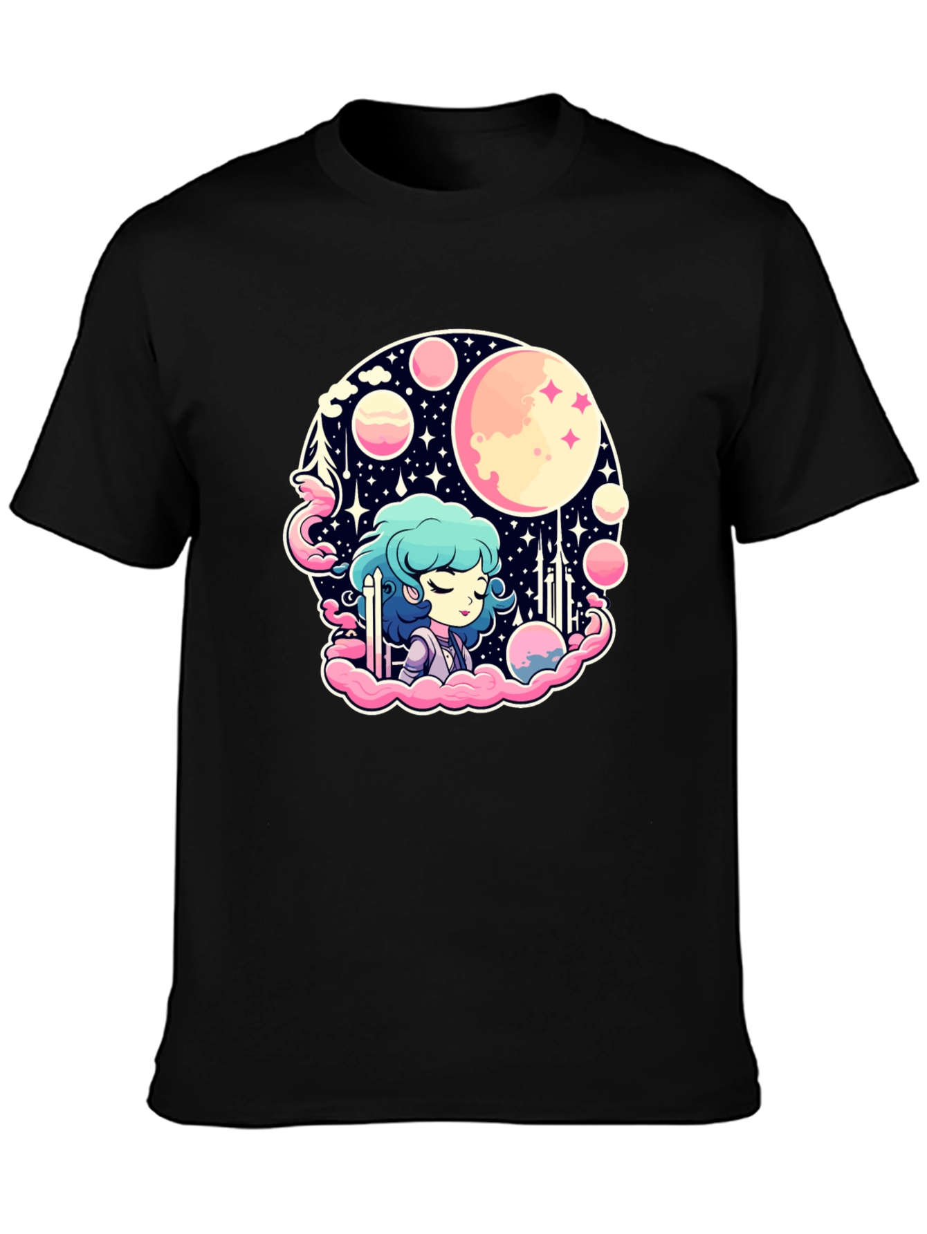 Anime Girl Space Theme Black T-Shirt