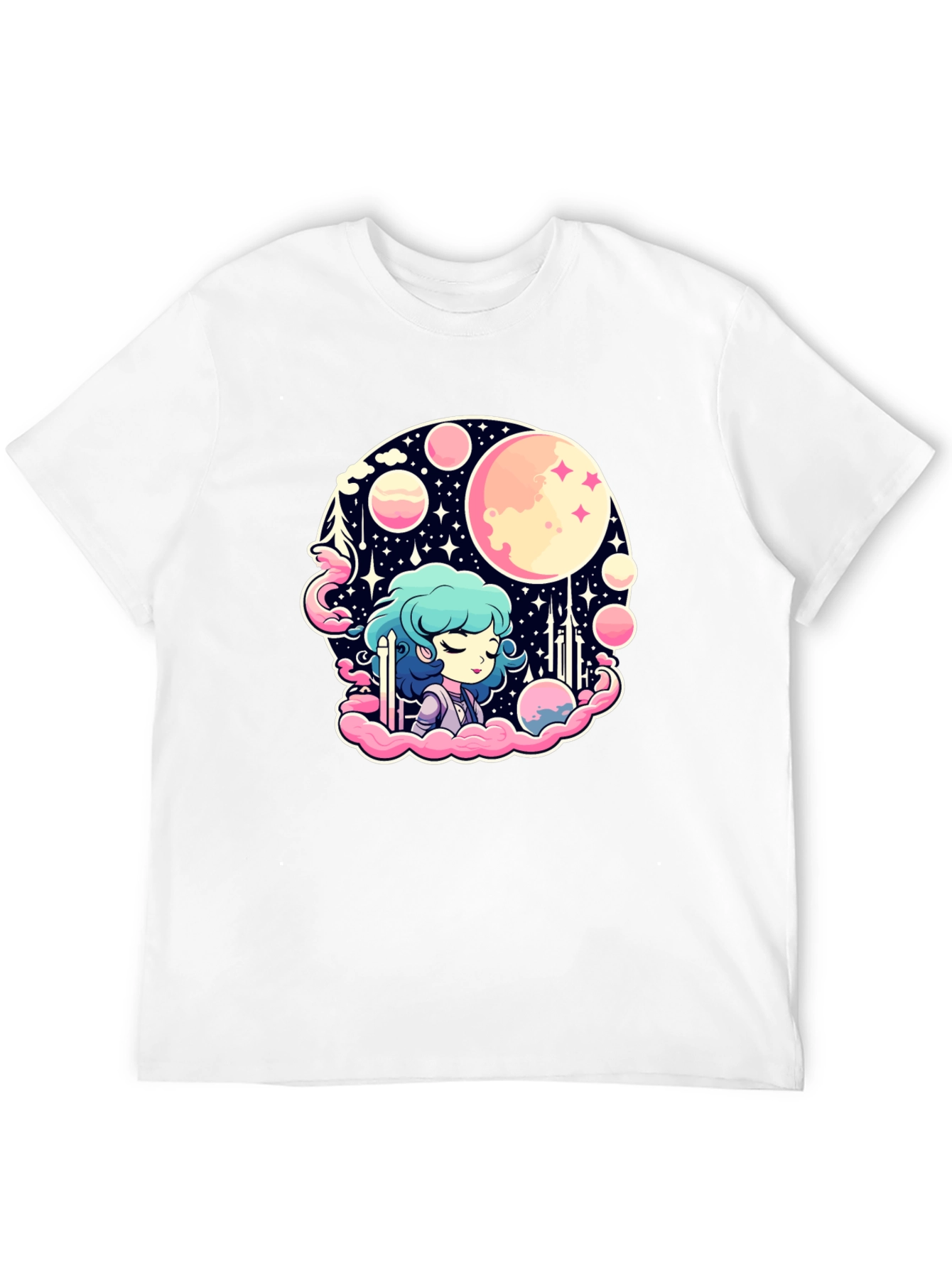 Anime Girl Space Theme Black T-Shirt