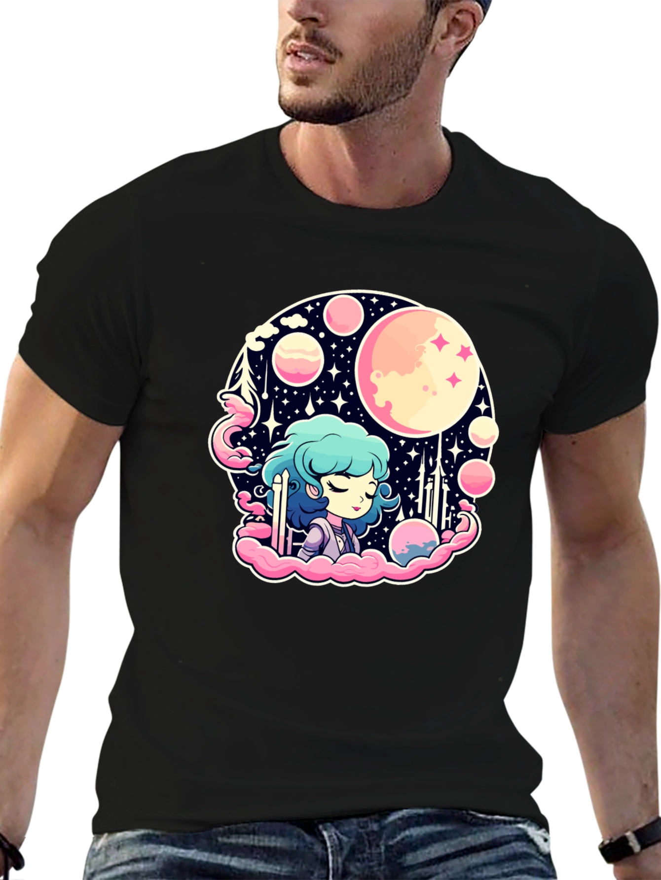 Anime Girl Space Theme Black T-Shirt