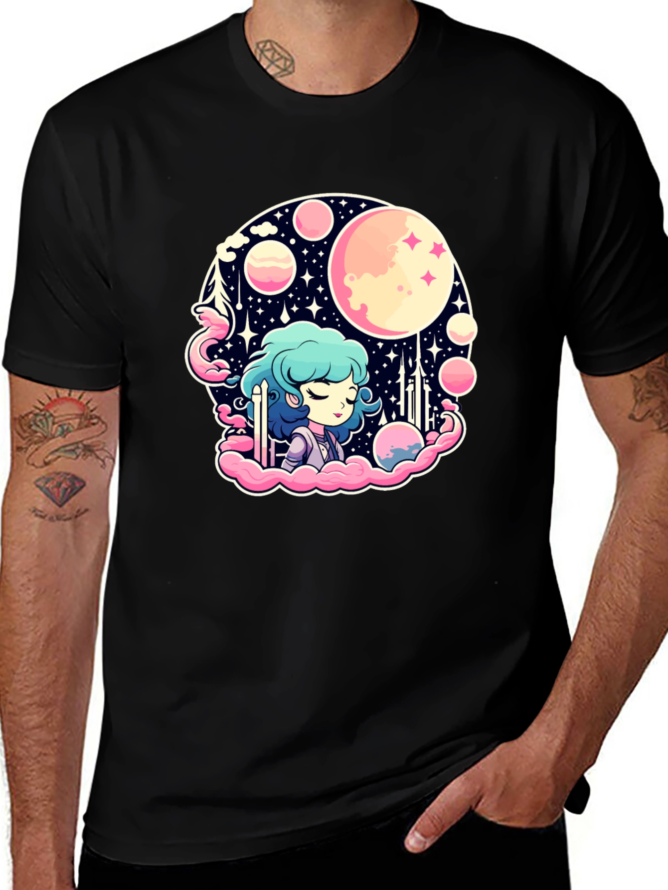 Anime Girl Space Theme Black T-Shirt