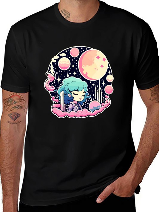 Anime Girl Space Theme Black T-Shirt