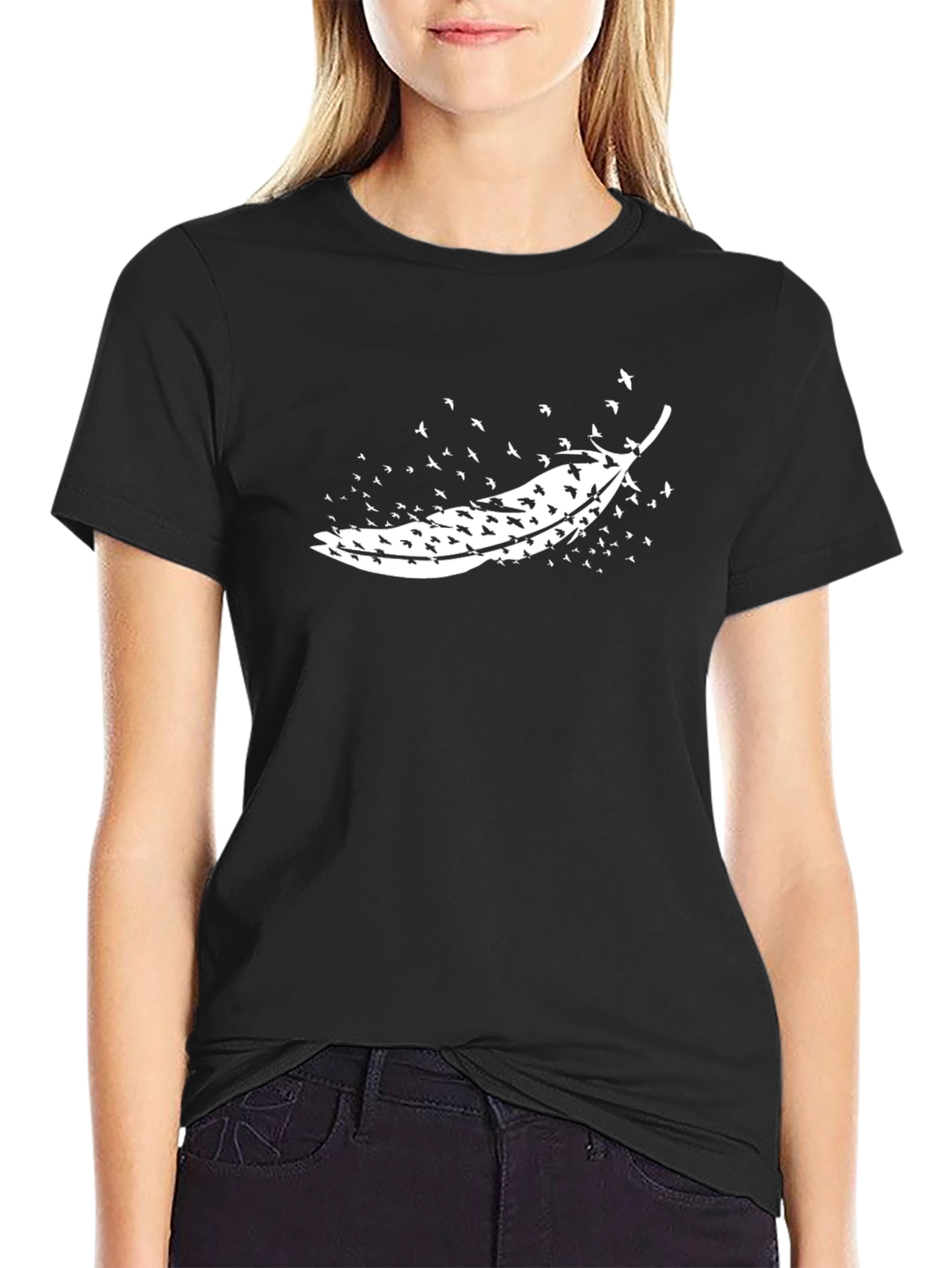 Feather Birds Graphic T-Shirt - Black