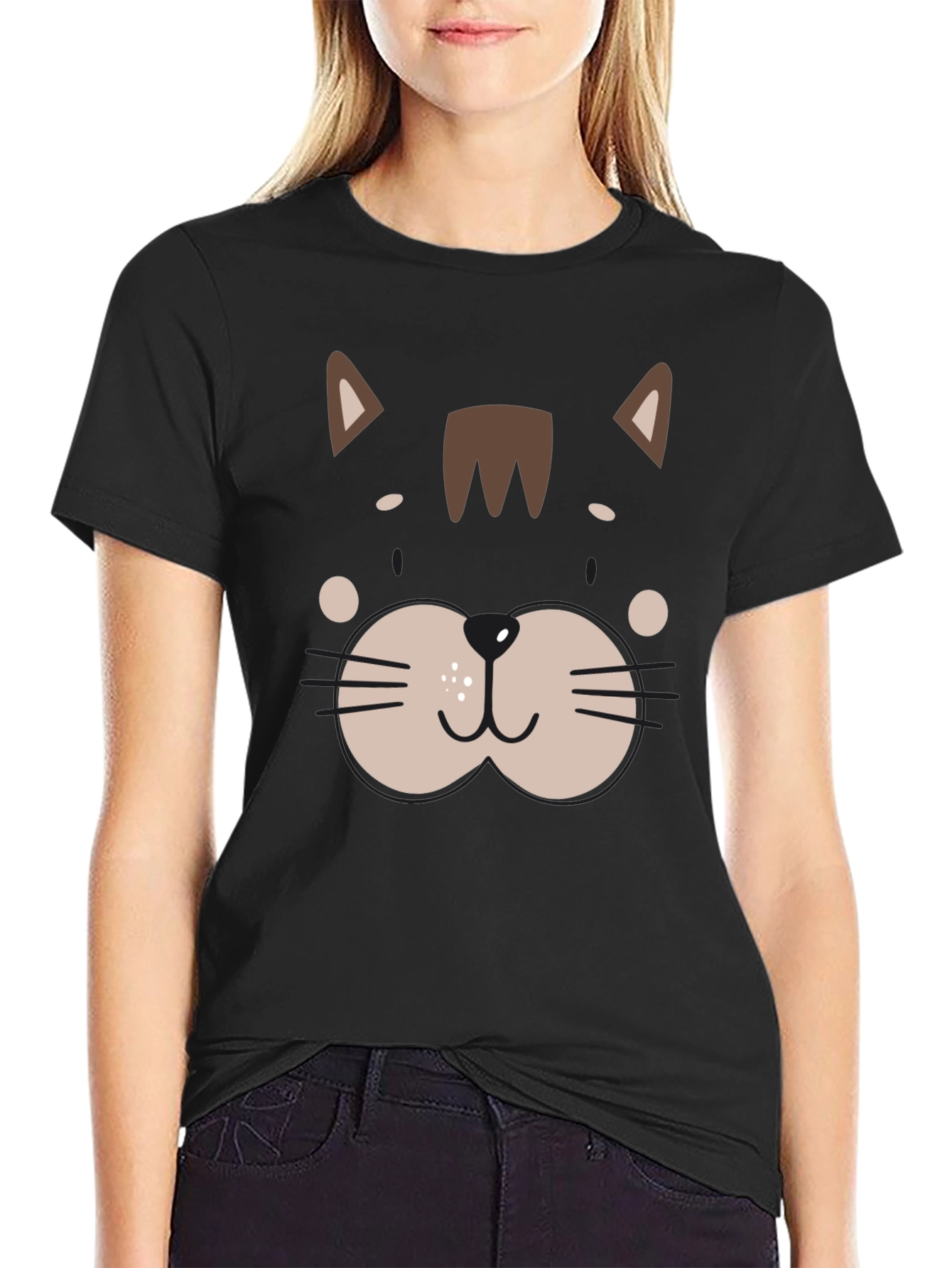 Cute Cat Face Graphic Black T-Shirt