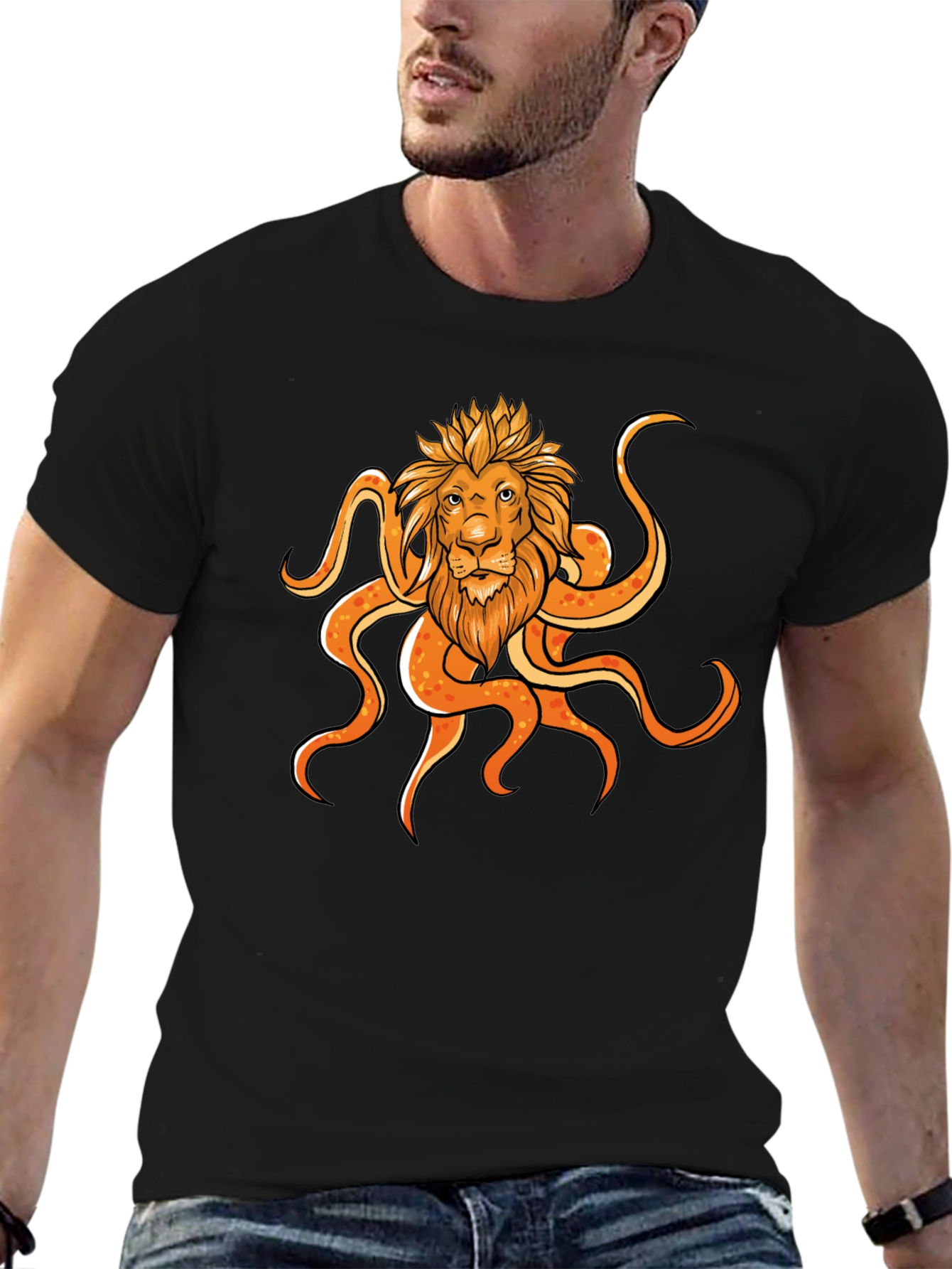 Lion Octopus Graphic Black T-Shirt