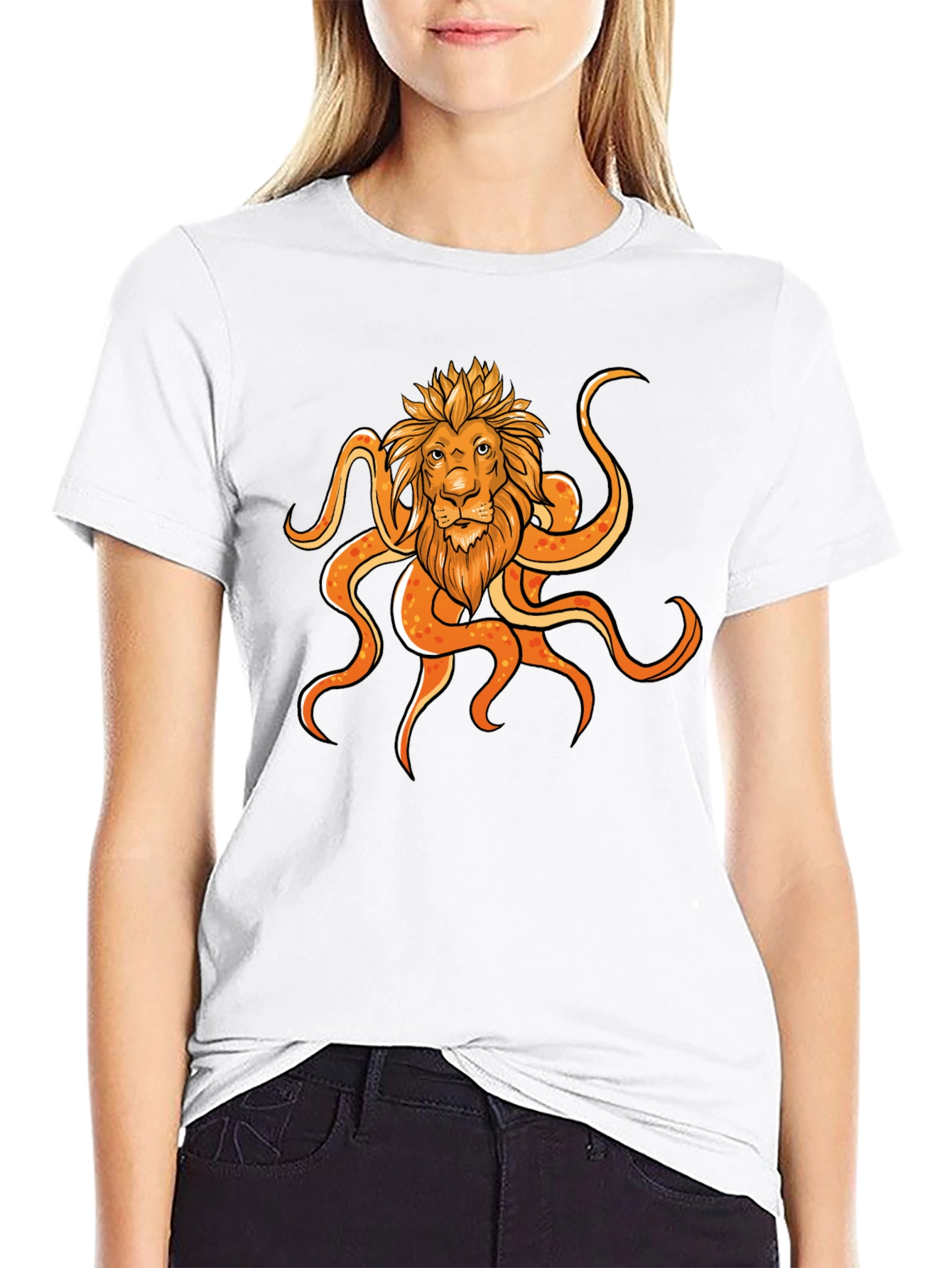 Lion Octopus Graphic Black T-Shirt