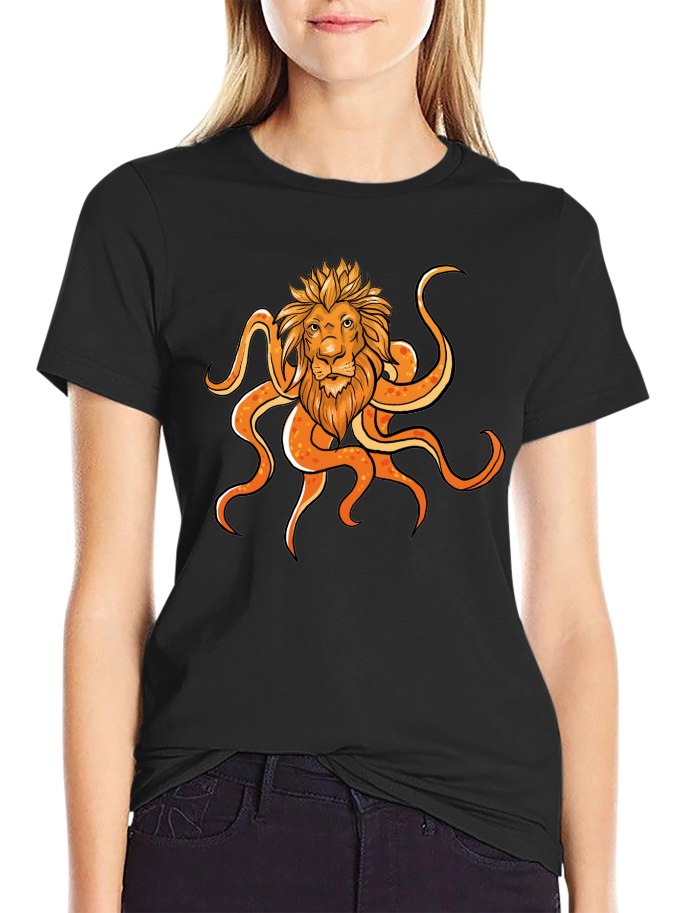 Lion Octopus Graphic Black T-Shirt