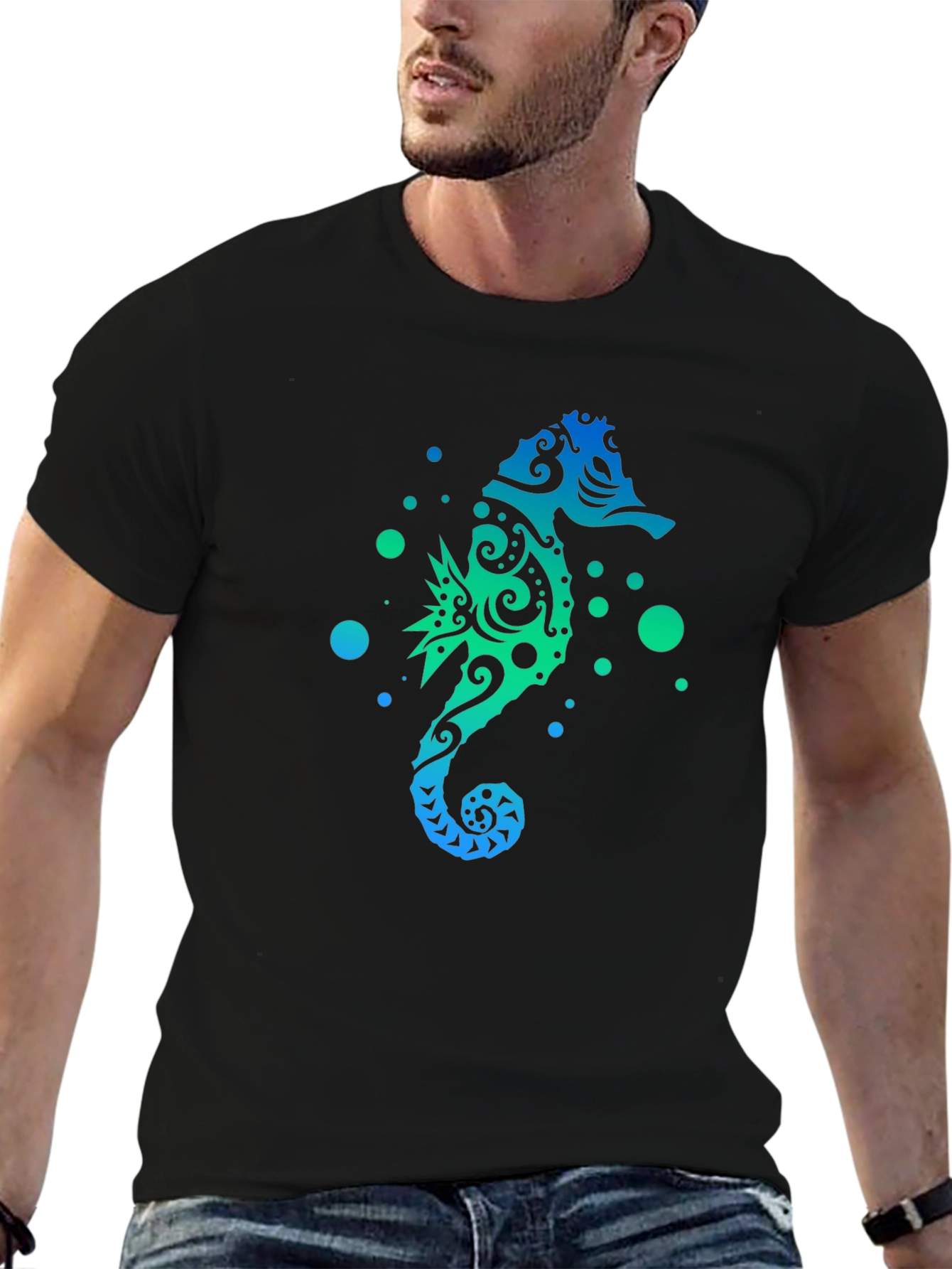 Gradient Seahorse Graphic T-Shirt - Black