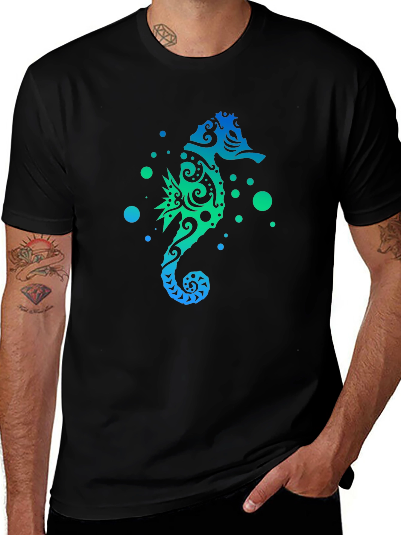 Gradient Seahorse Graphic T-Shirt - Black