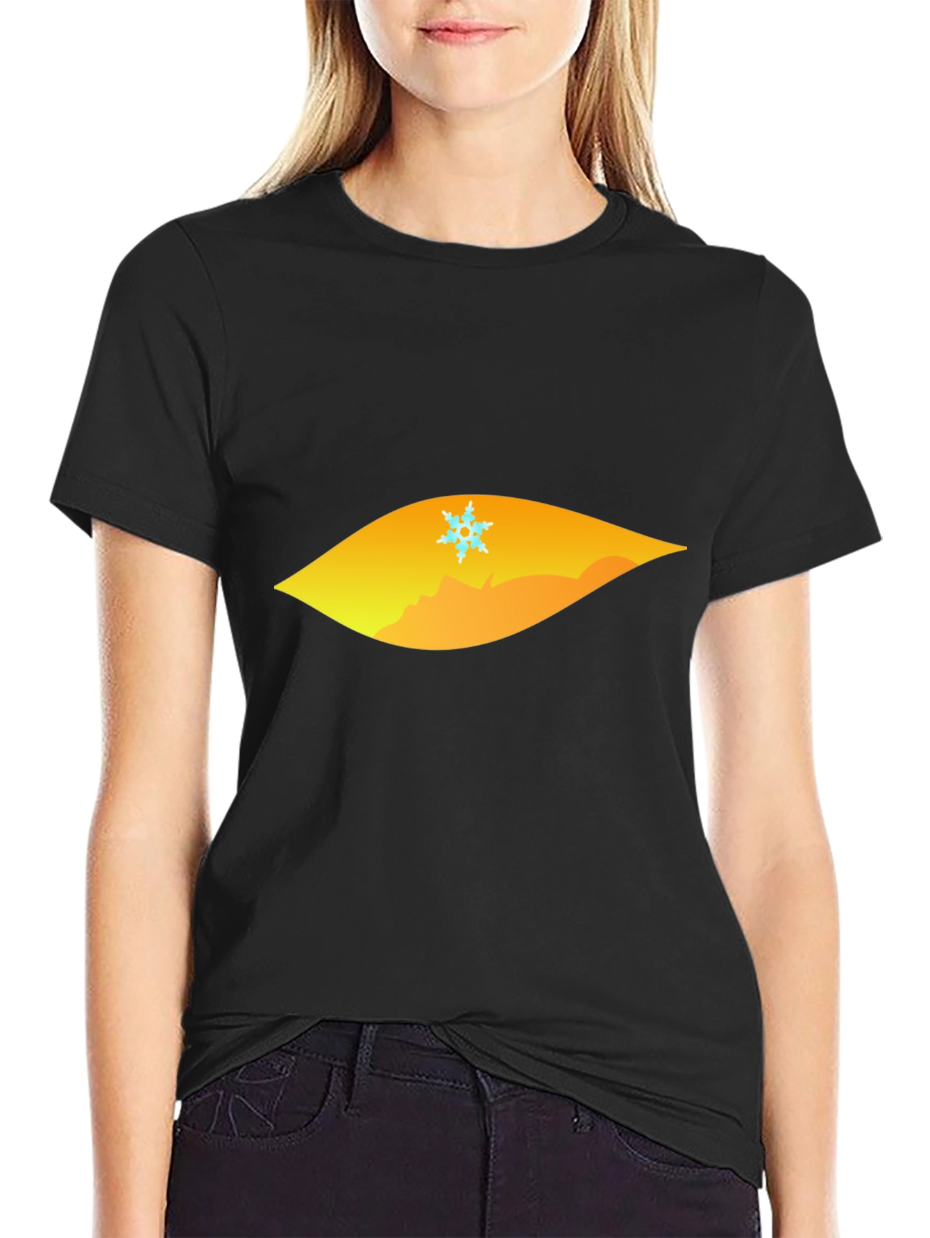 Black T-Shirt with Geometric Snowflake Mountain Design