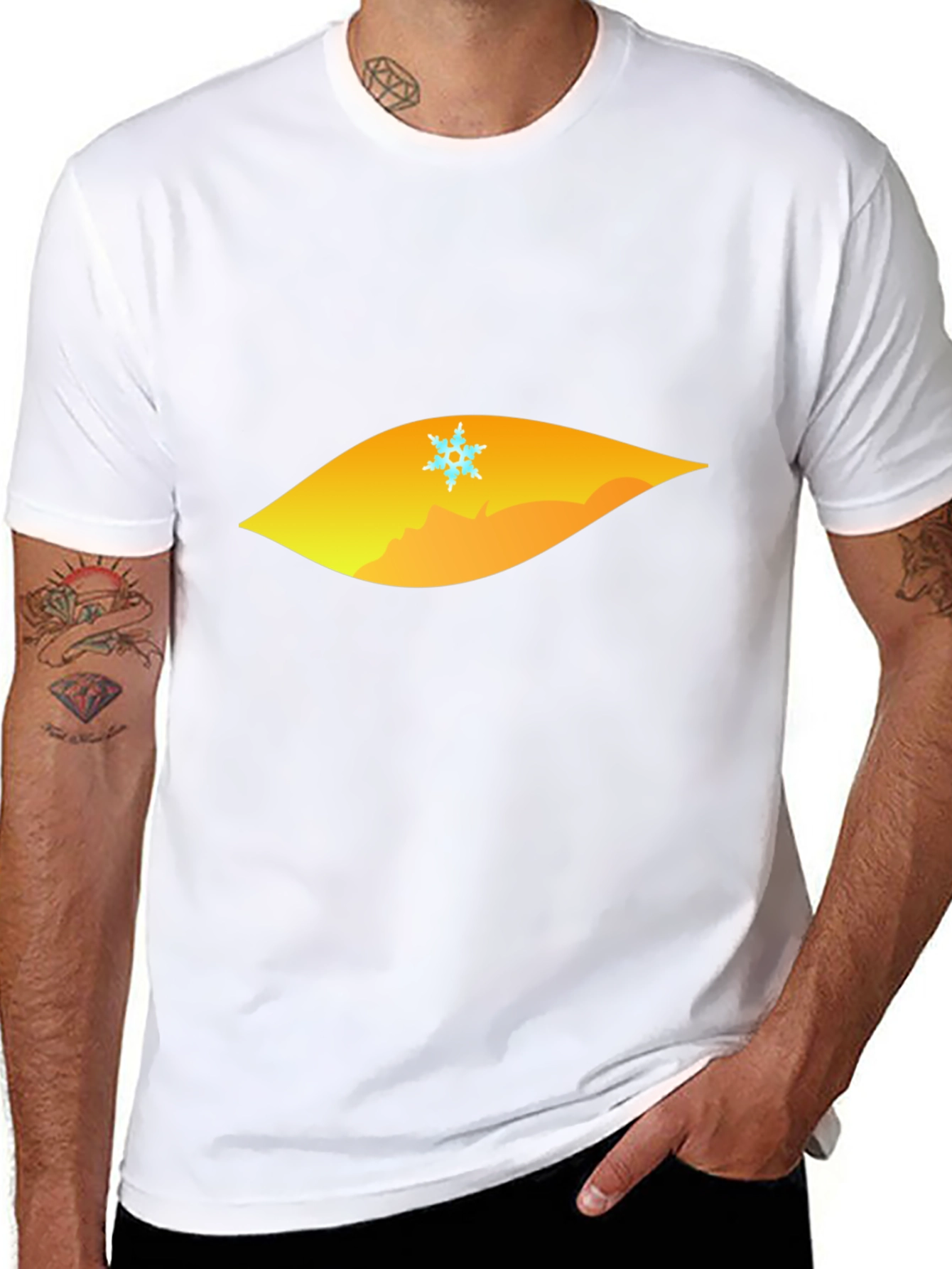 Black T-Shirt with Geometric Snowflake Mountain Design