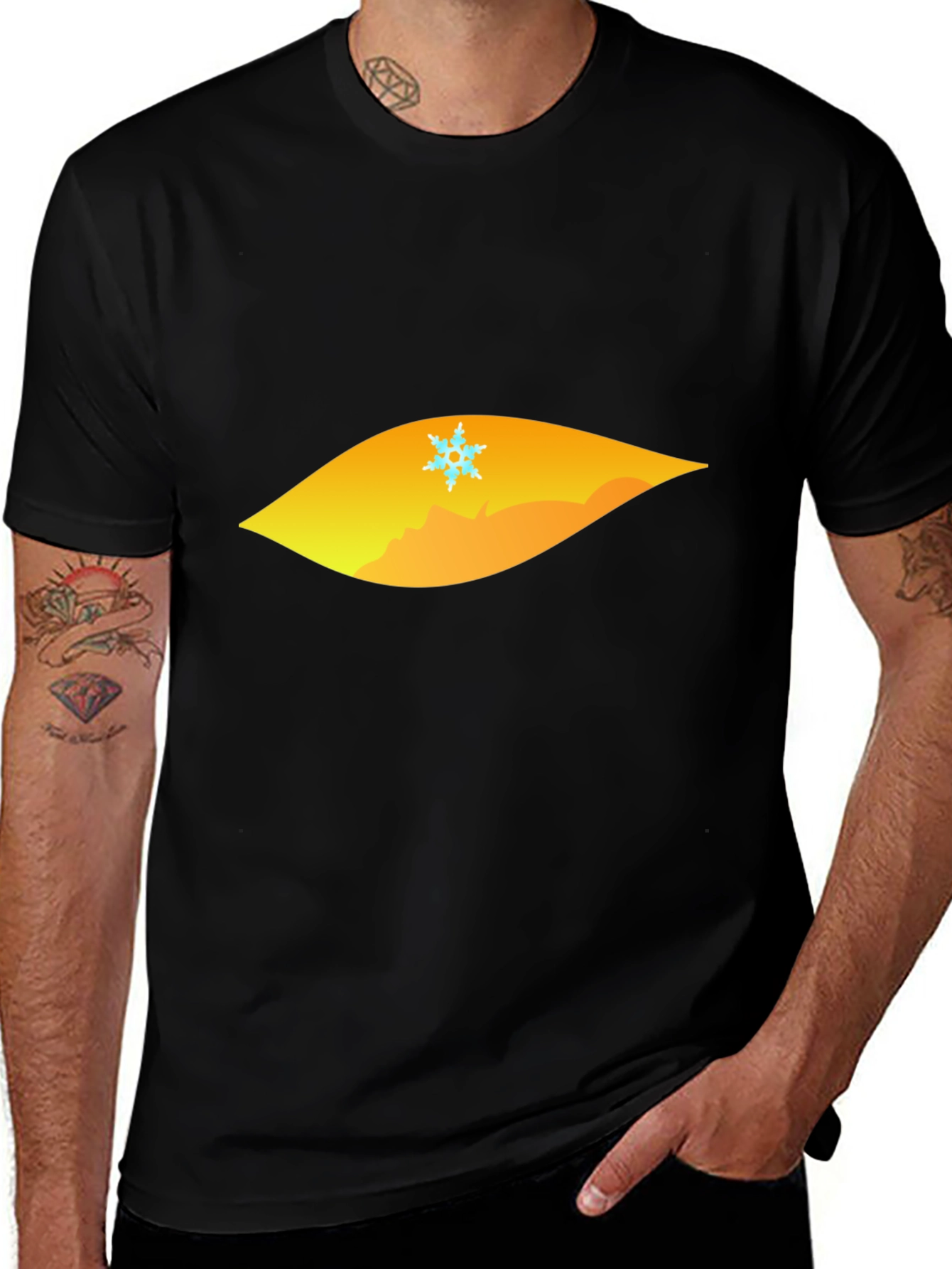 Black T-Shirt with Geometric Snowflake Mountain Design