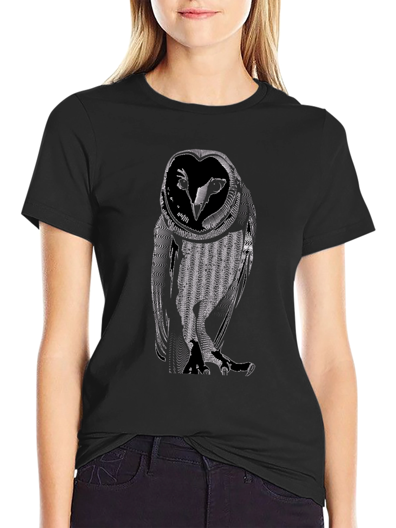 Abstract Owl Graphic Tee - Black Cotton Casual Shirt