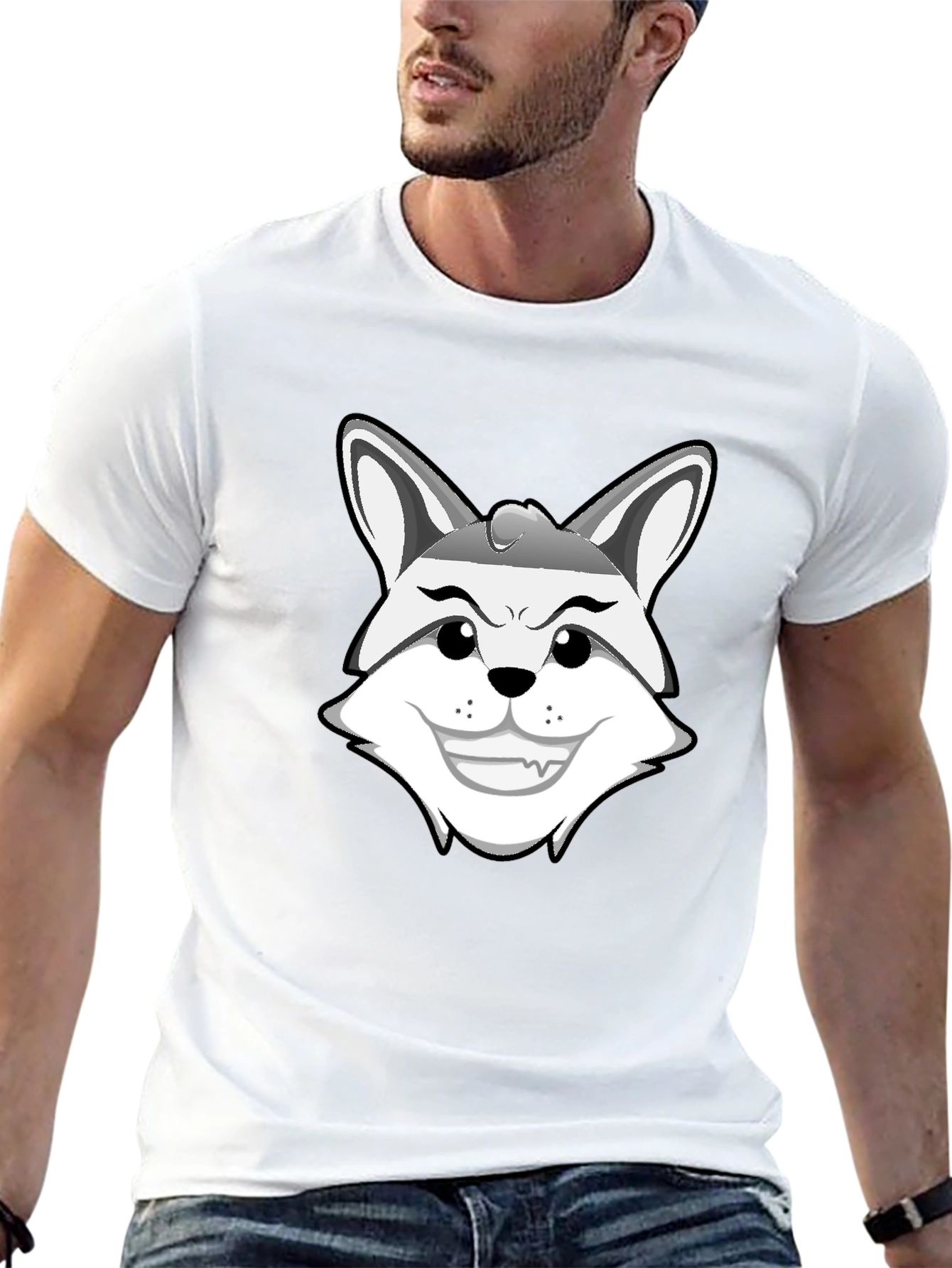 Mens Black Graphic Tee - Cartoon Fox Design