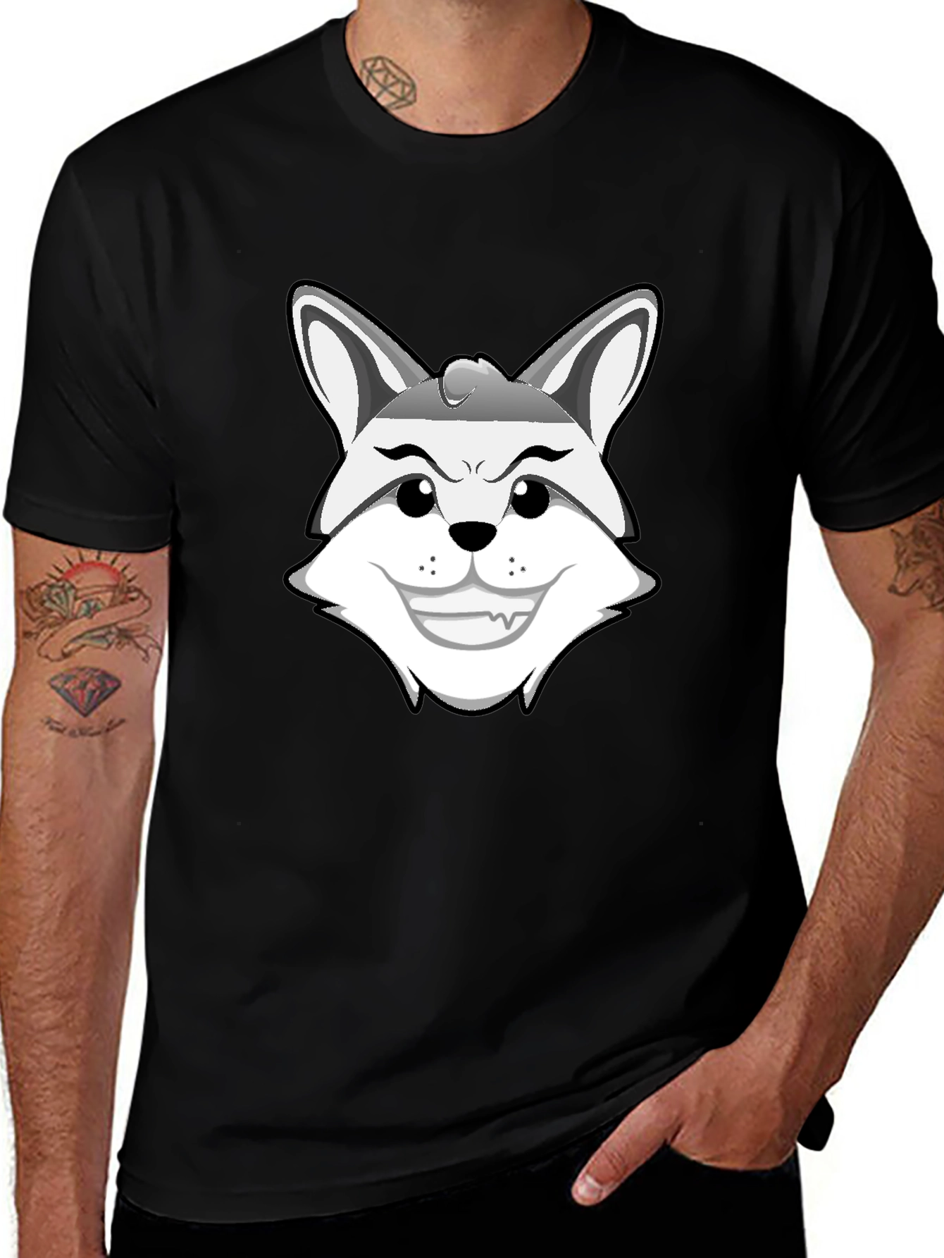 Mens Black Graphic Tee - Cartoon Fox Design
