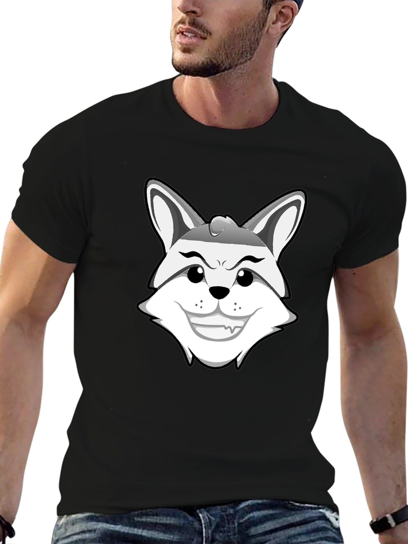 Mens Black Graphic Tee - Cartoon Fox Design