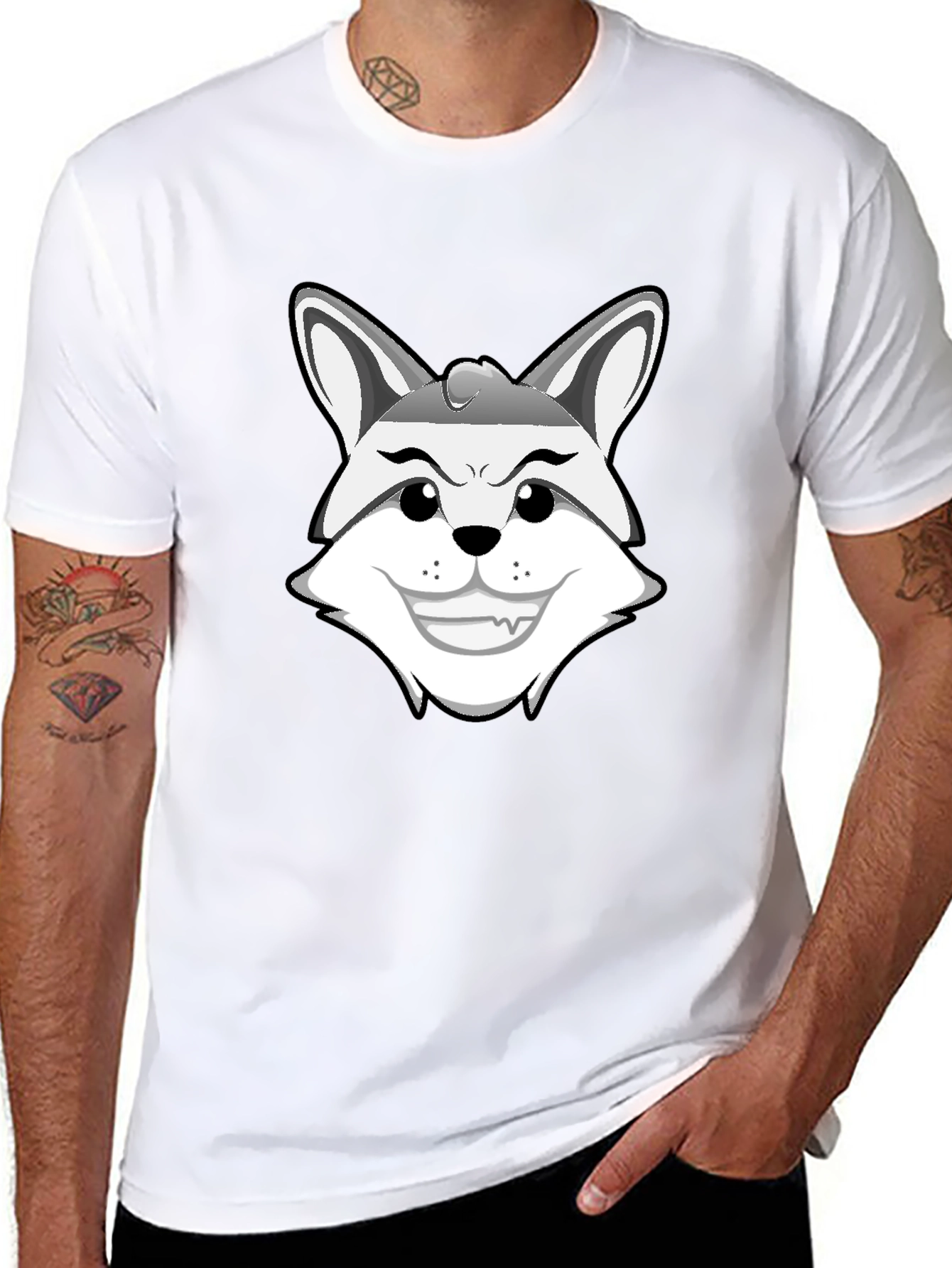 Mens Black Graphic Tee - Cartoon Fox Design