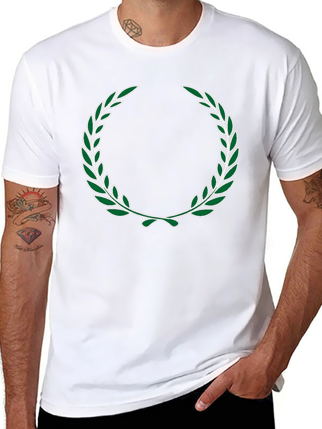 Green Laurel Wreath Design Black T-Shirt