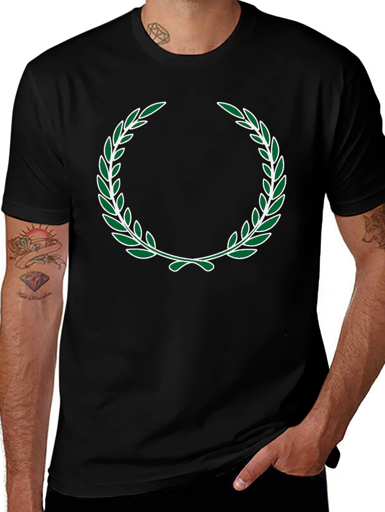 Green Laurel Wreath Design Black T-Shirt