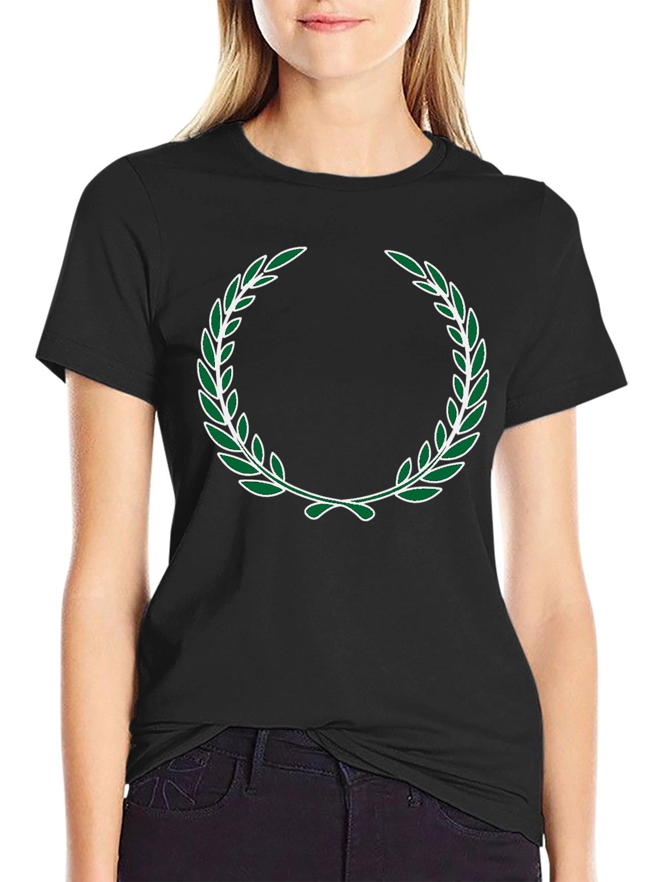 Green Laurel Wreath Design Black T-Shirt